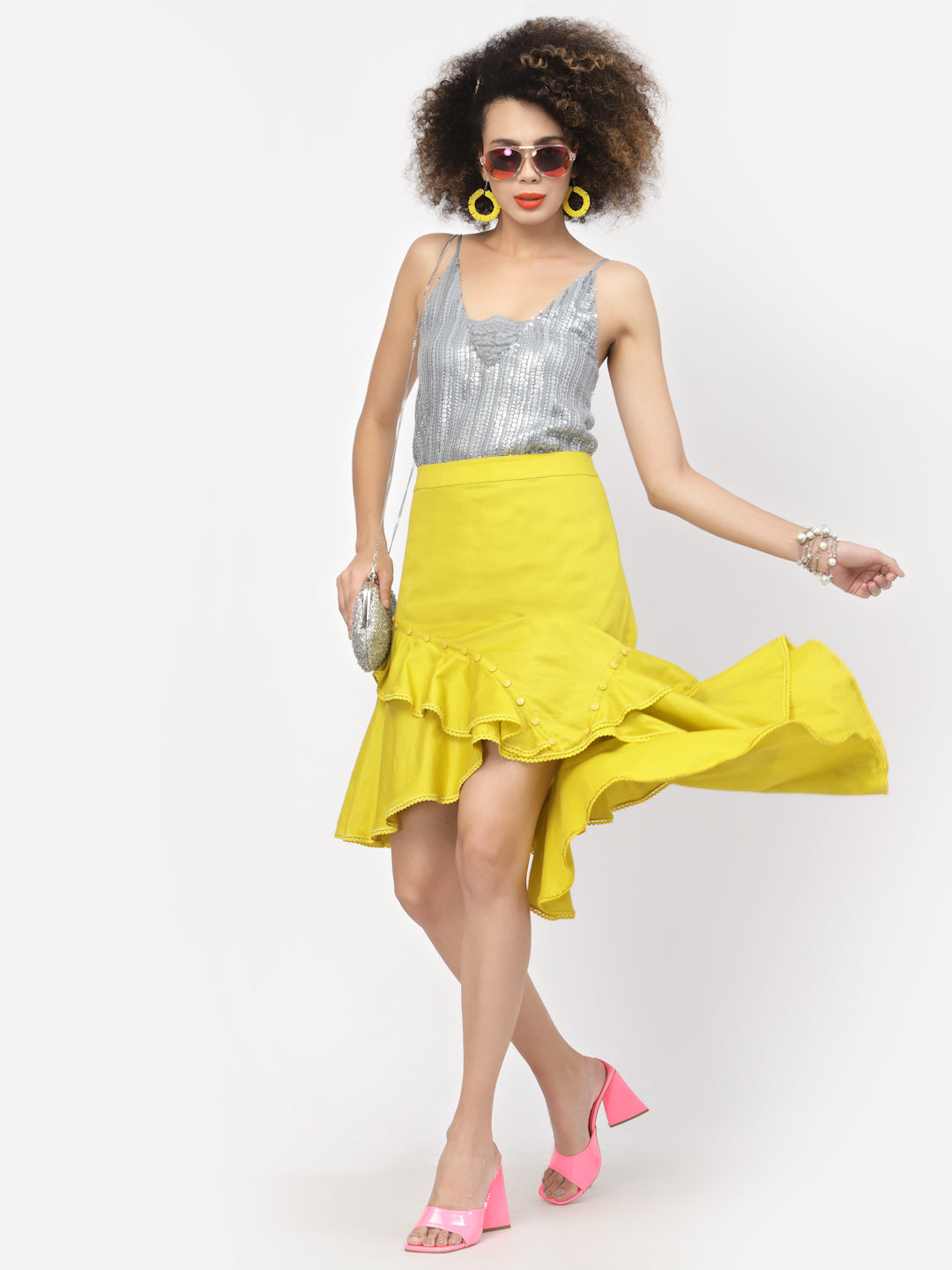 Yellow Ruffle Skirt With Buttons, skirts for women, long skirts for women, crop top and skirt, women in short skirts 