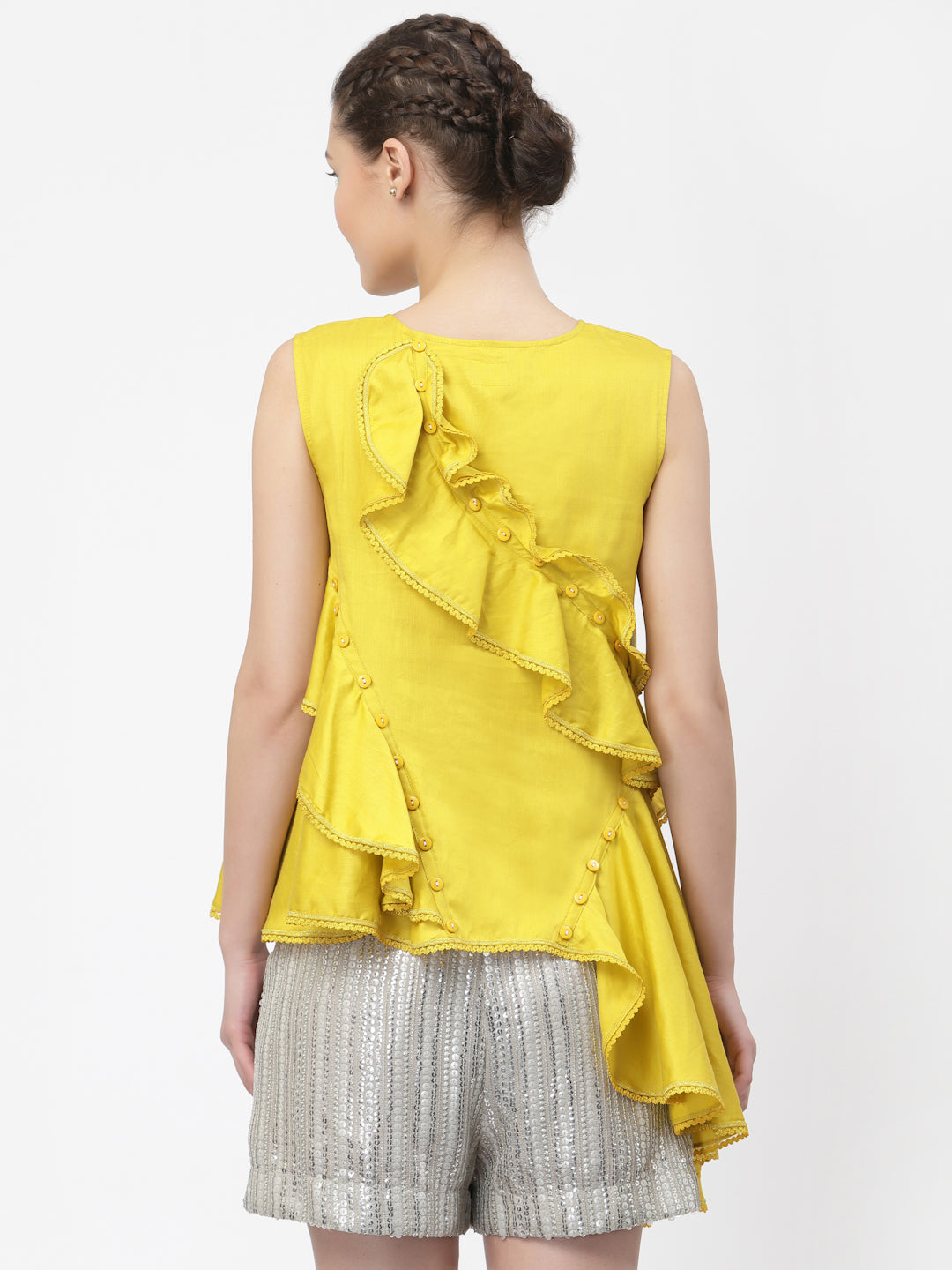 Yellow Ruffle Top With Buttons & Lace, tops for women, crop top, crop tops for women, organza tops