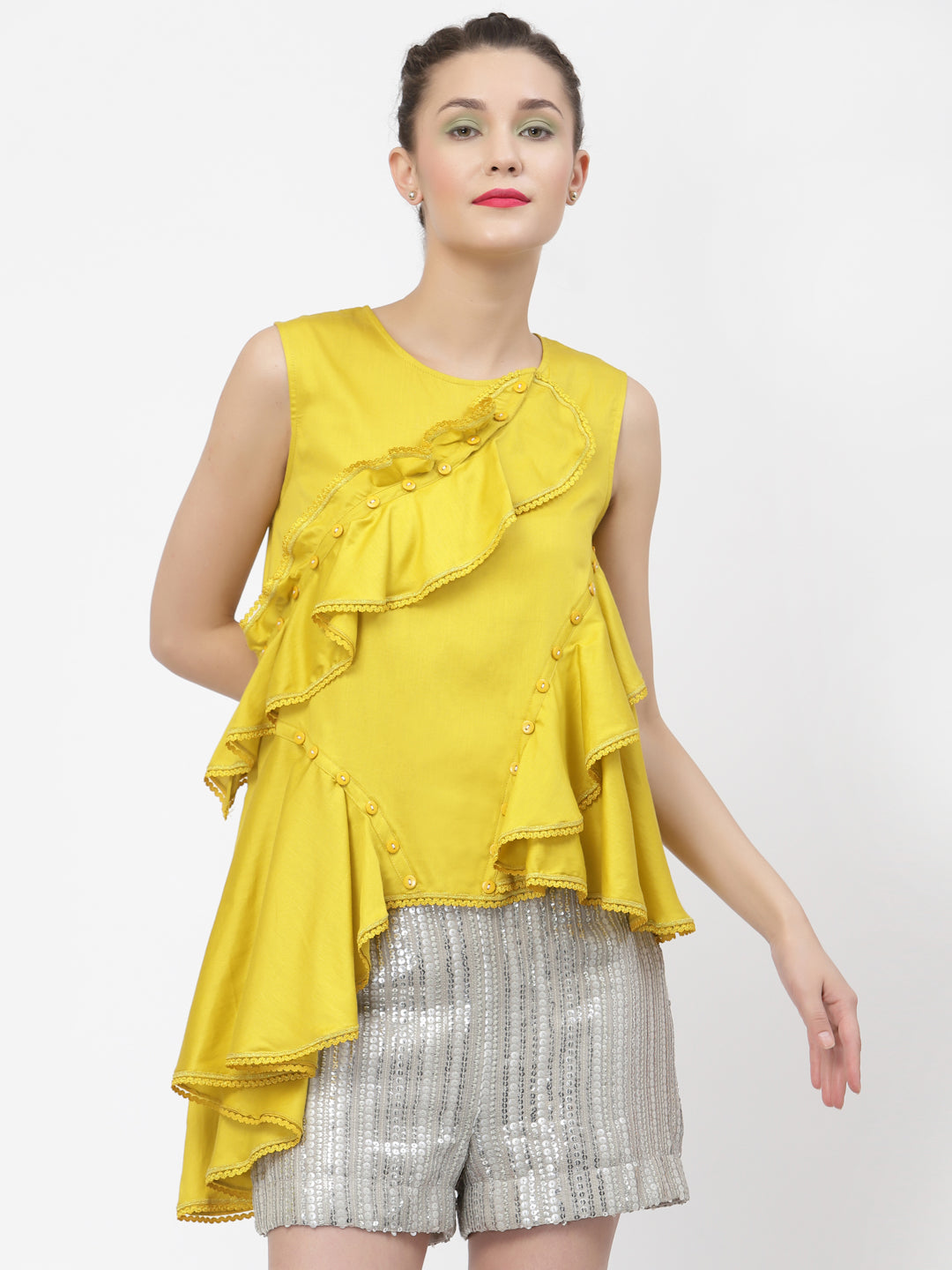 Yellow Ruffle Top With Buttons & Lace, tops for women, crop top, crop tops for women, organza tops