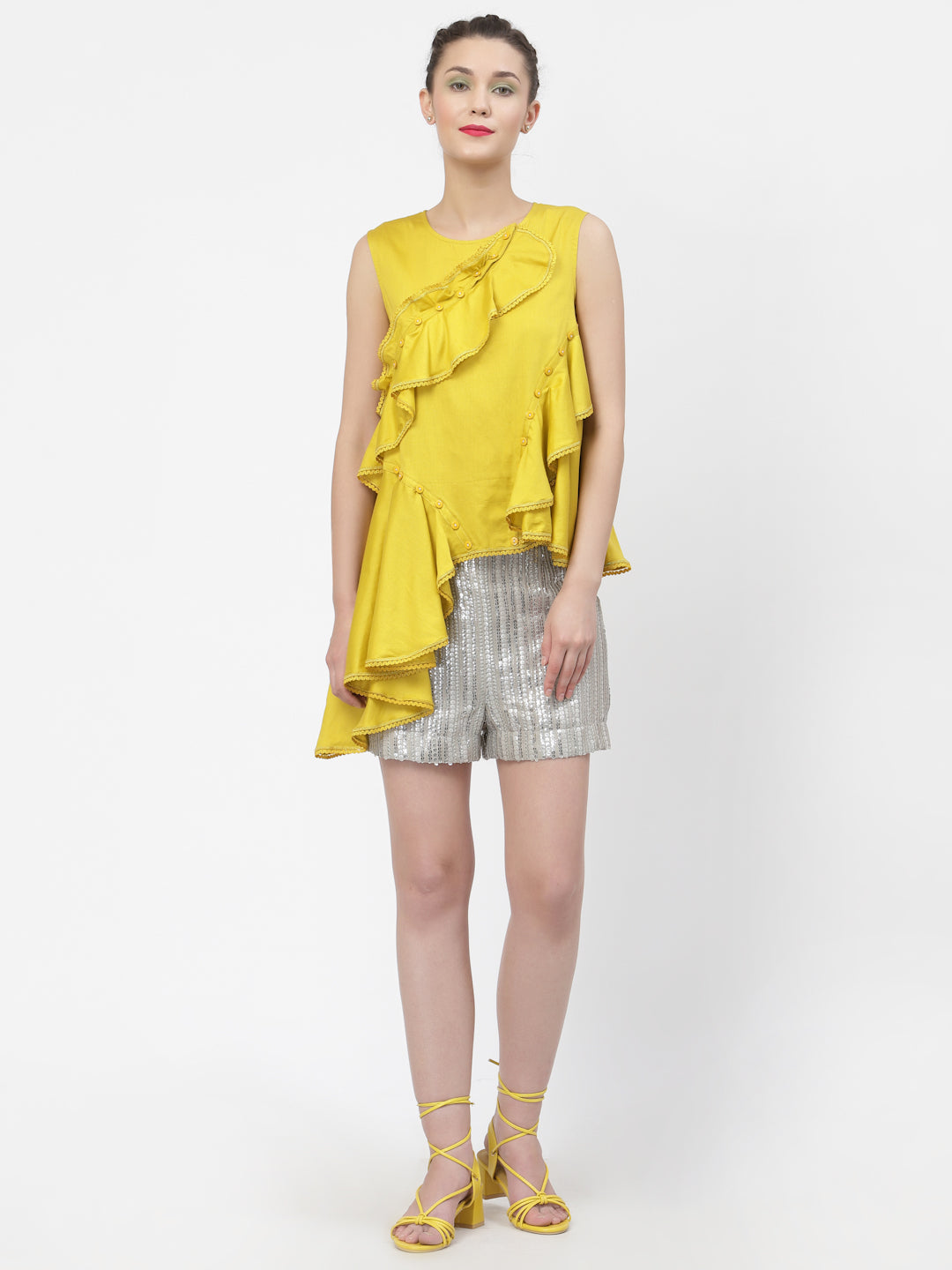 Yellow Ruffle Top With Buttons & Lace, tops for women, crop top, crop tops for women, organza tops