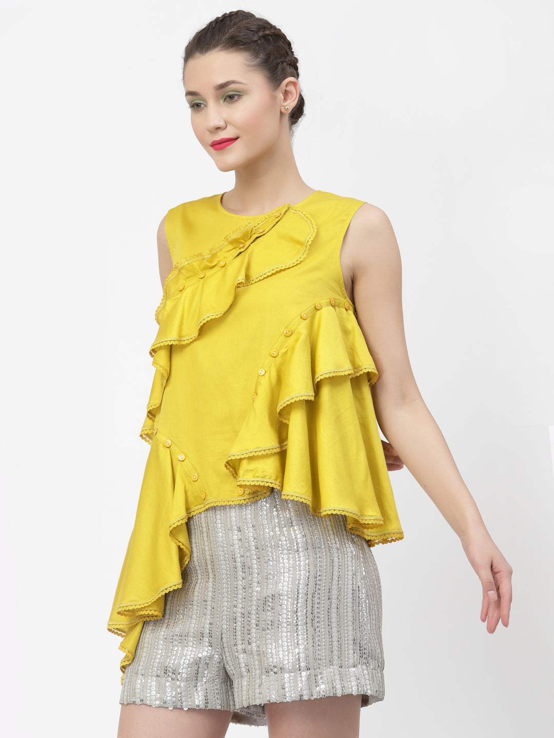 Yellow Ruffle Top With Buttons & Lace, tops for women, crop top, crop tops for women, organza tops