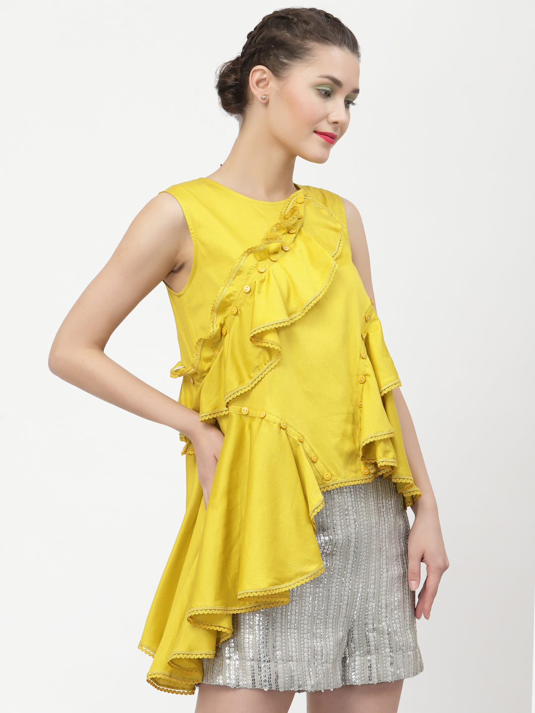 Yellow Ruffle Top With Buttons & Lace, tops for women, crop top, crop tops for women, organza tops