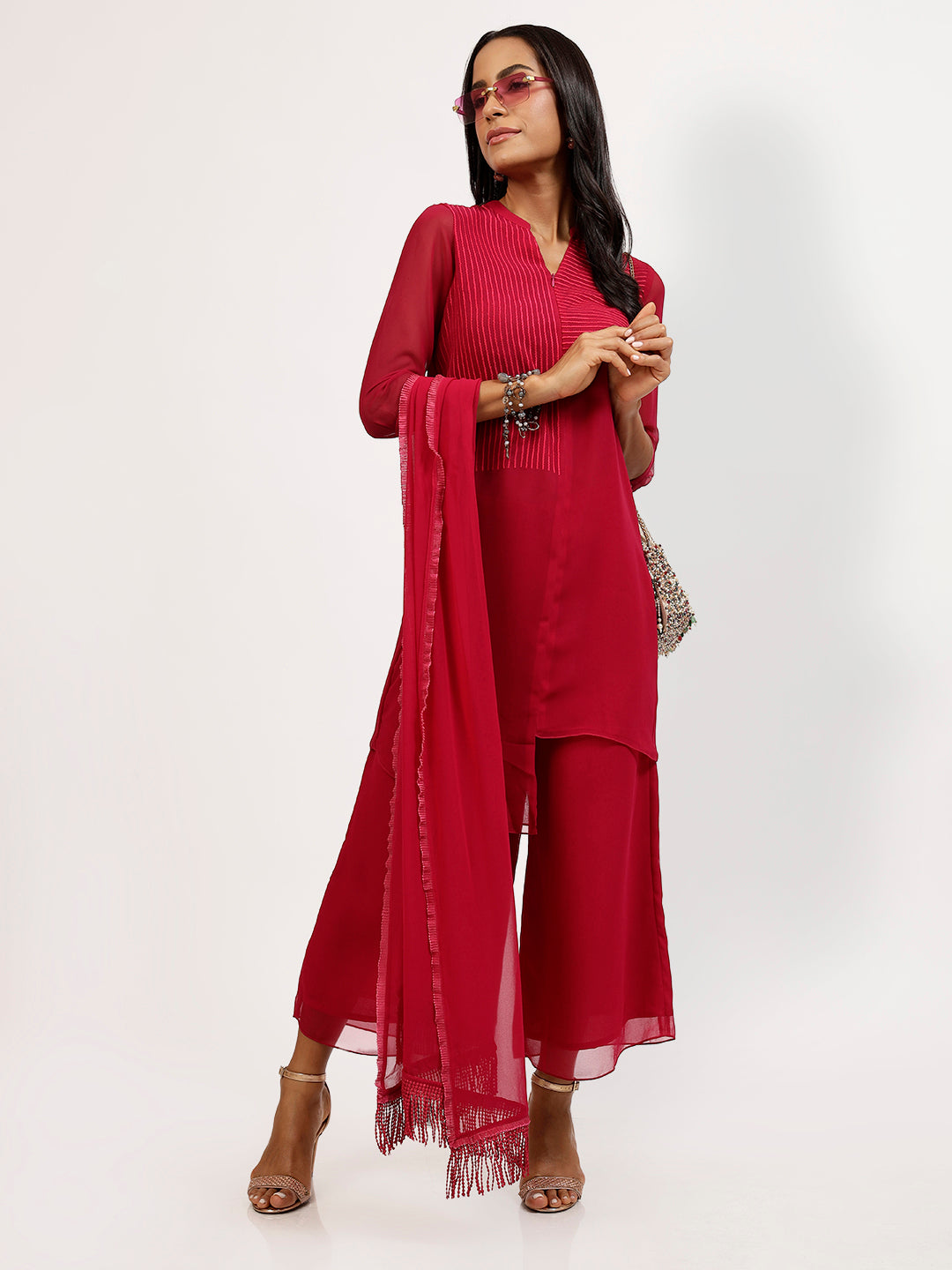Pink Georgette Stole with Camical Lace for Women-3