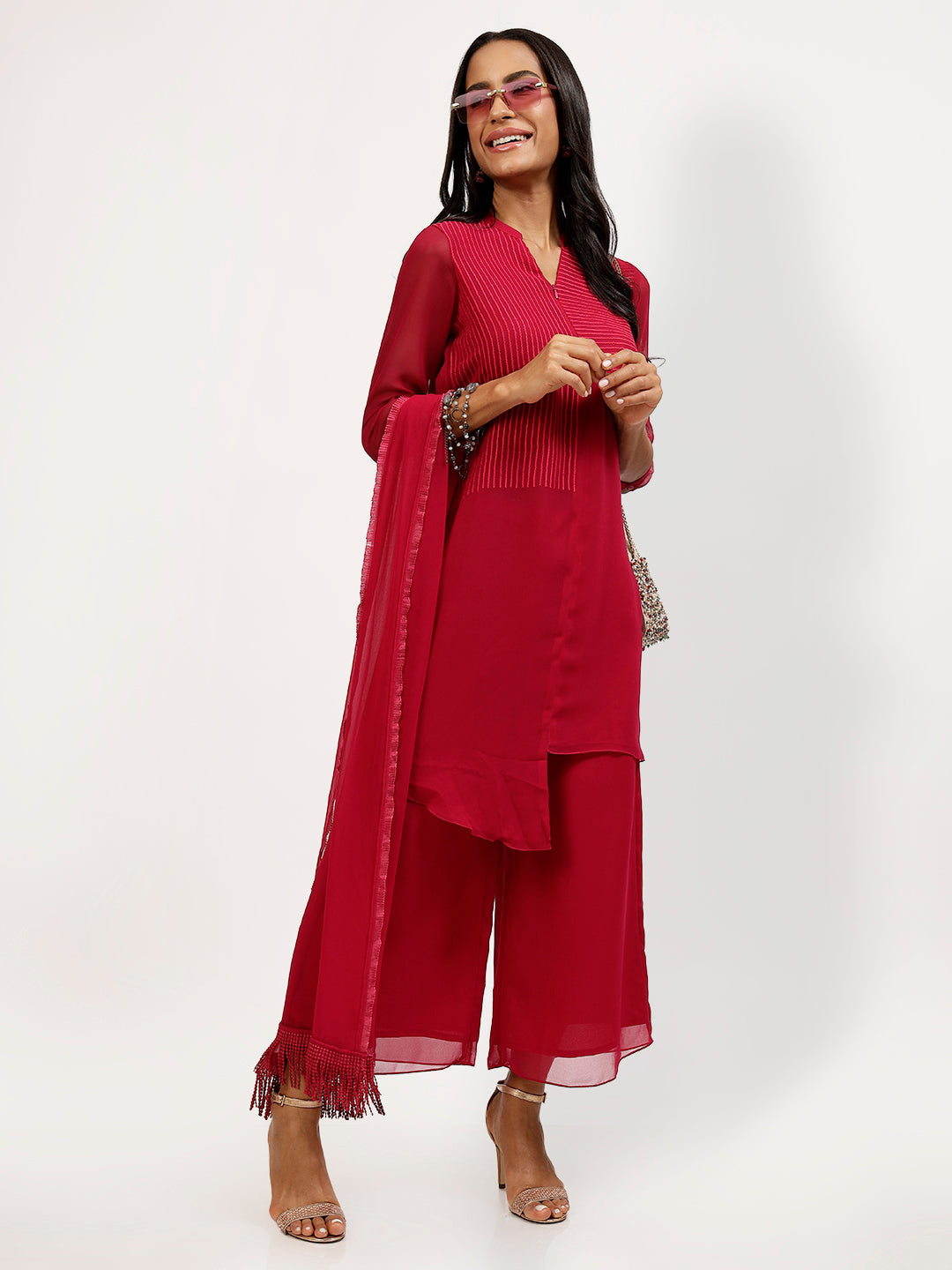 Pink Georgette Stole with Camical Lace for Women-1