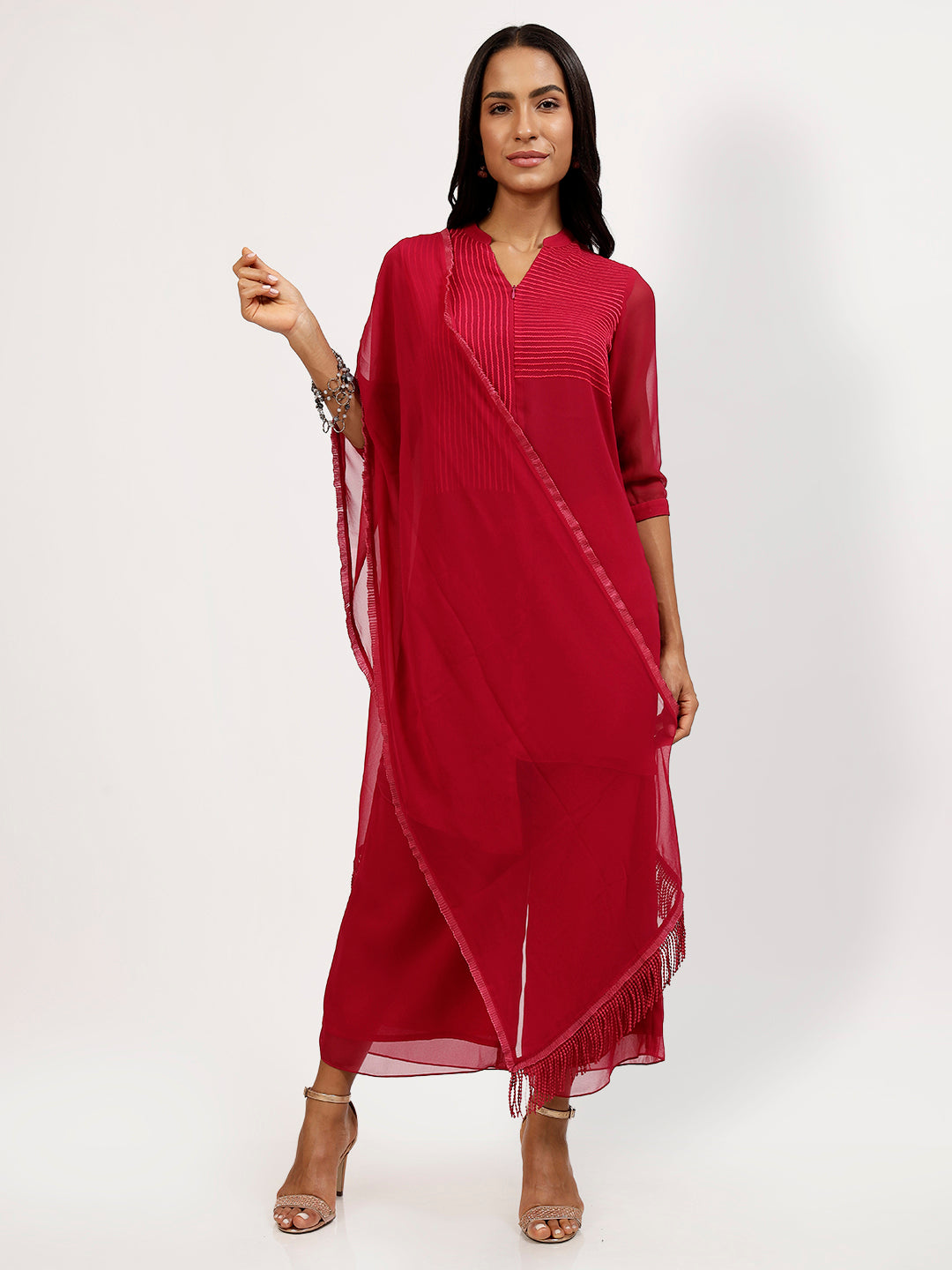 Pink Georgette Stole with Camical Lace for Women-2