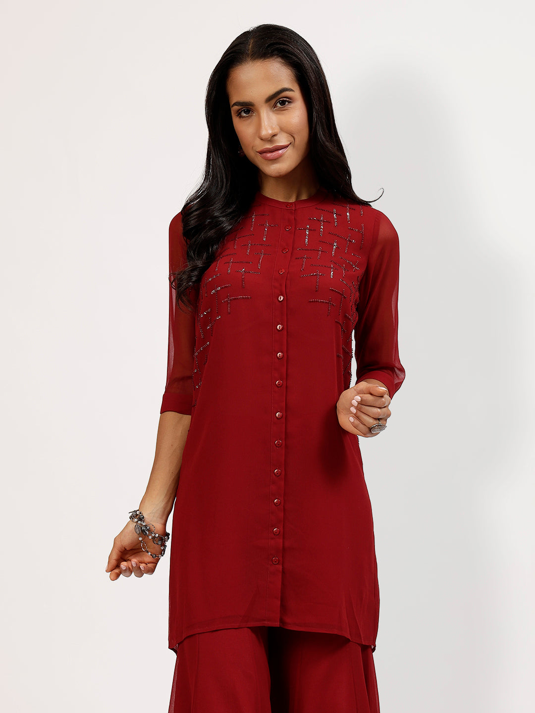 Maroon Embroidered Tunic With Asymmetrical Back