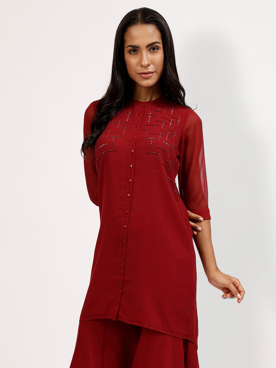 Maroon Embroidered Tunic With Asymmetrical Back