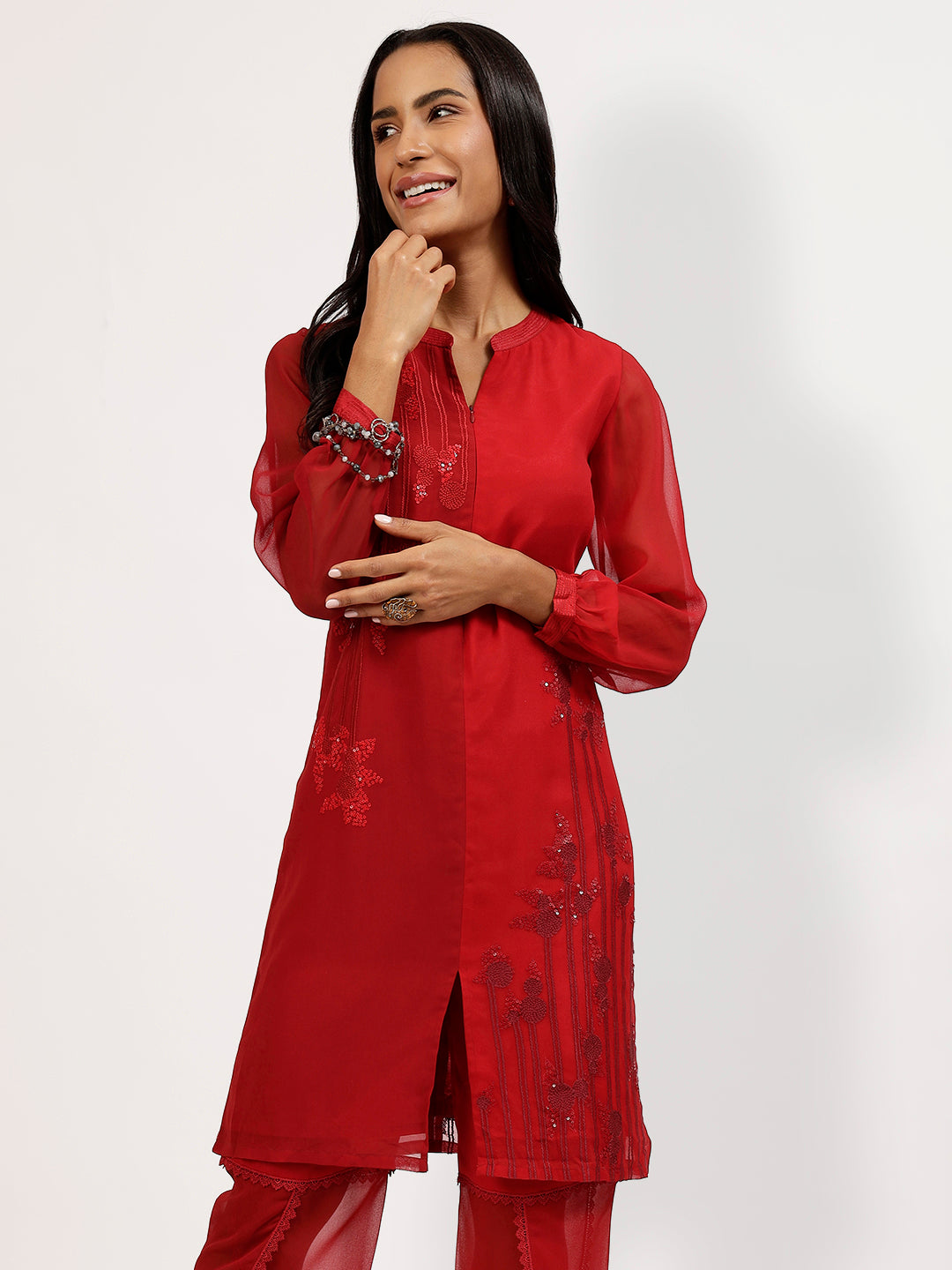 Red Maroon Georgette Kurti With Embroidery