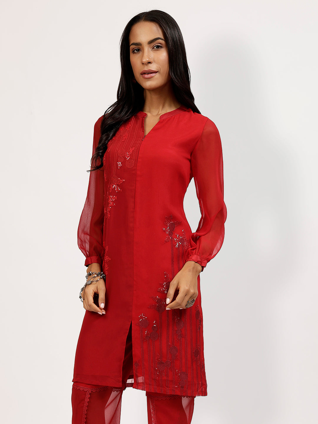 Red Maroon Georgette Kurti With Embroidery