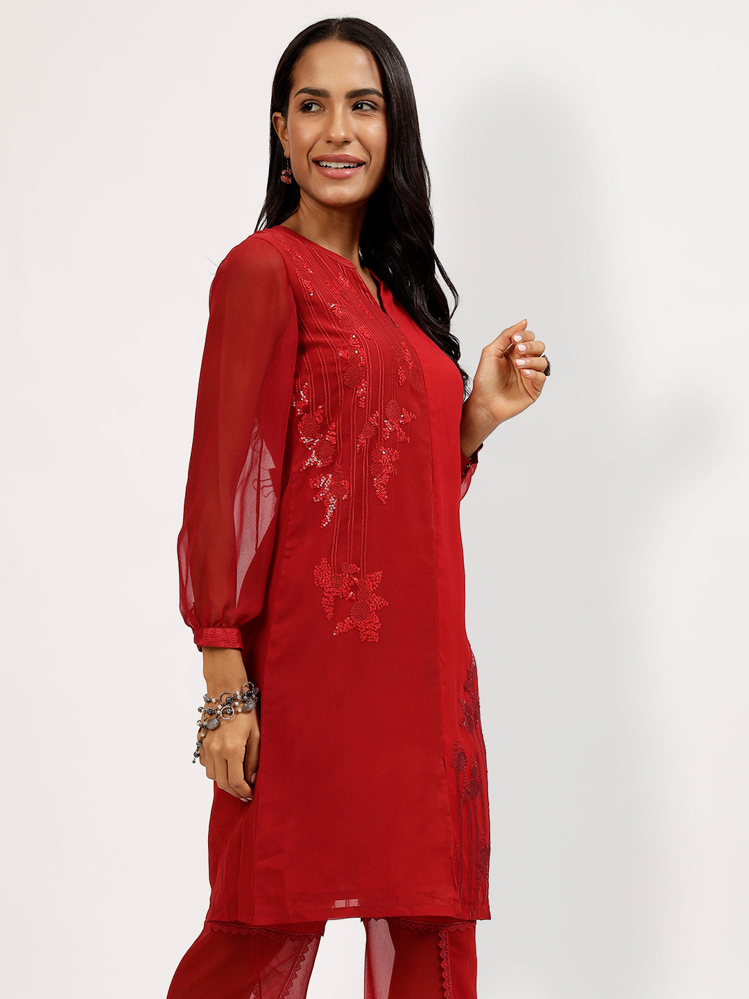 Red Maroon Georgette Kurti With Embroidery