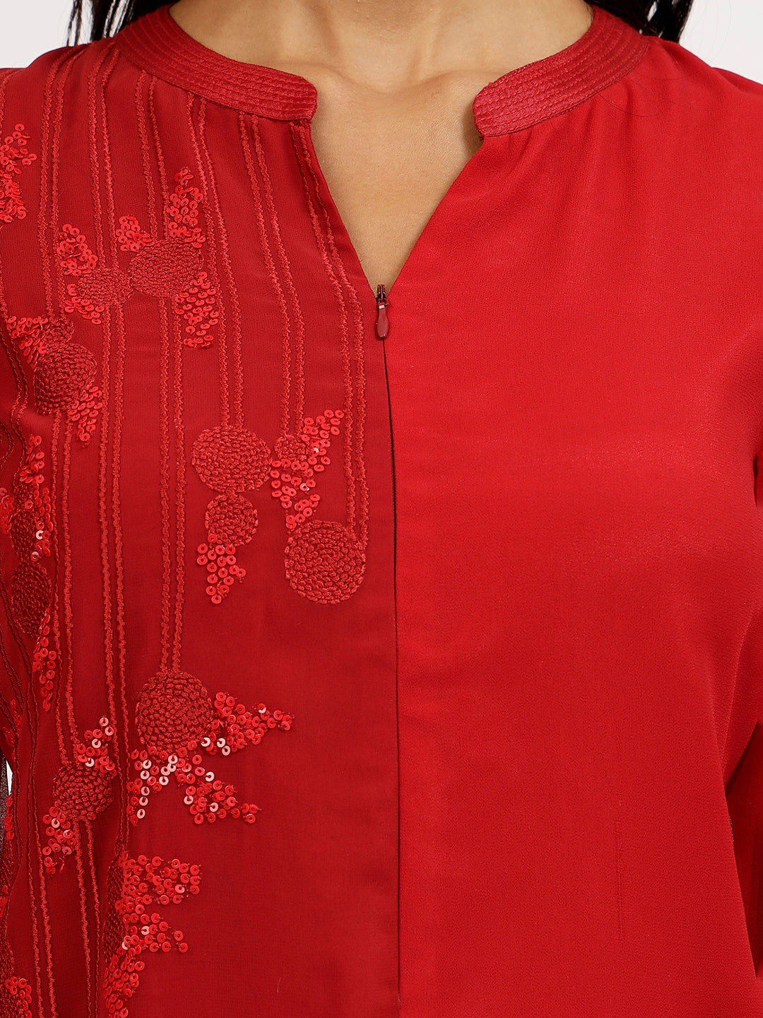 Red Maroon Georgette Kurti With Embroidery