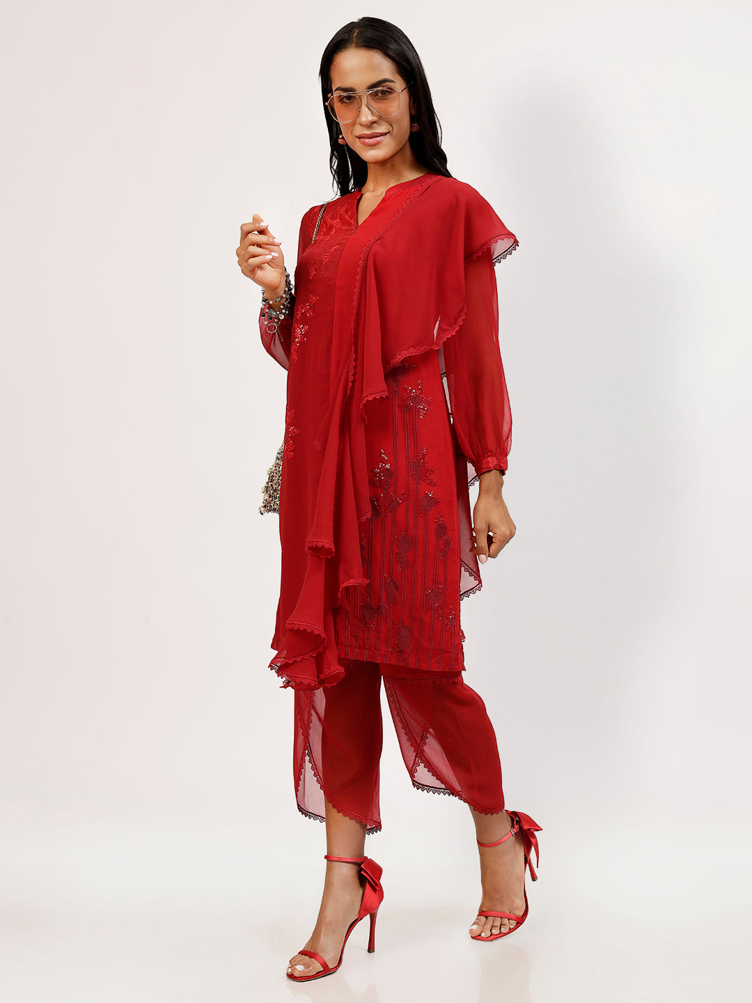 Red Maroon Georgette Kurti With Embroidery