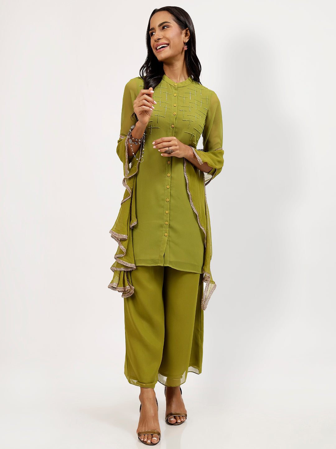 Olive Georgette Swirl Dupatta for Women-1