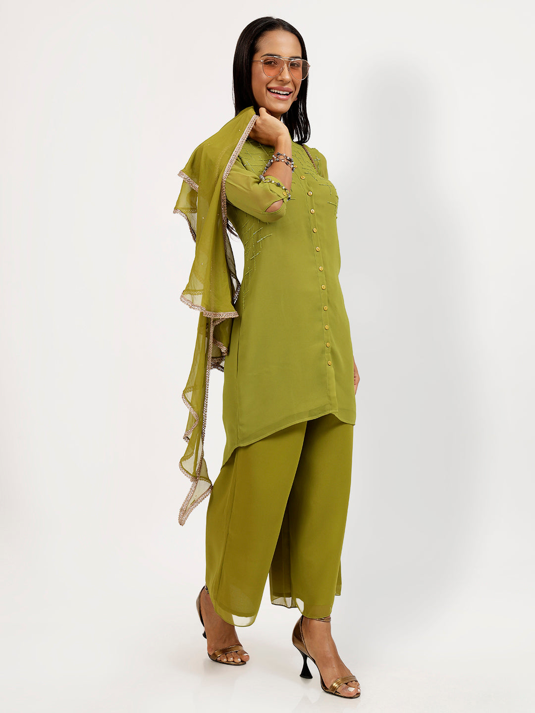 Olive Georgette Swirl Dupatta