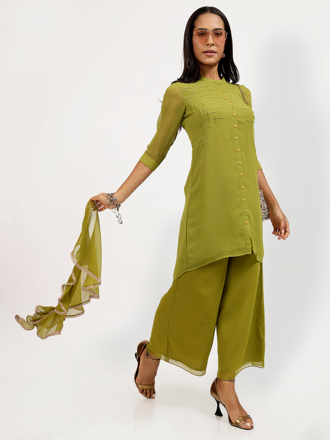 Olive Georgette Swirl Dupatta for Women-3
