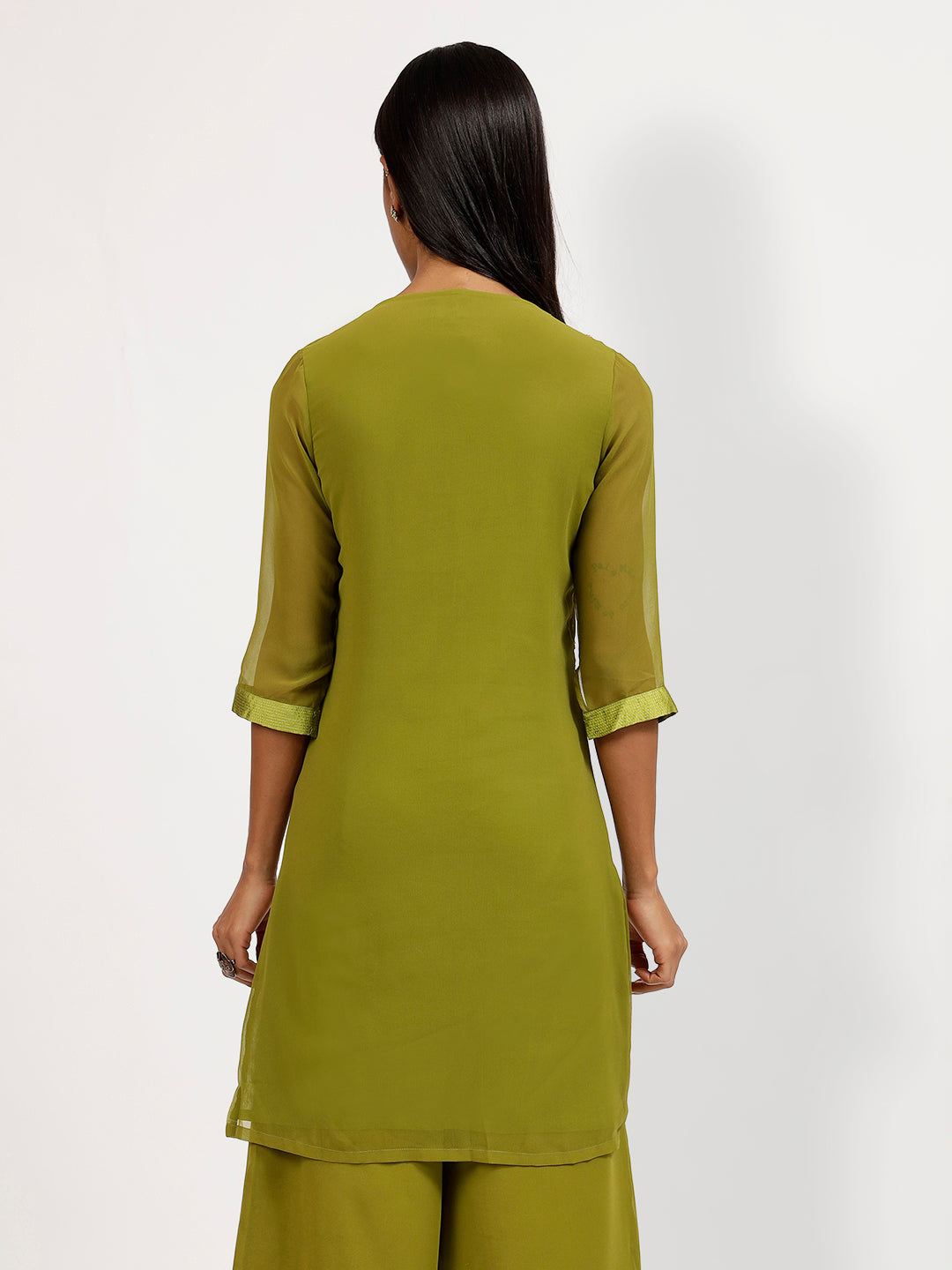 Olive Georgette Kurti With Pearl Hand Embroidery