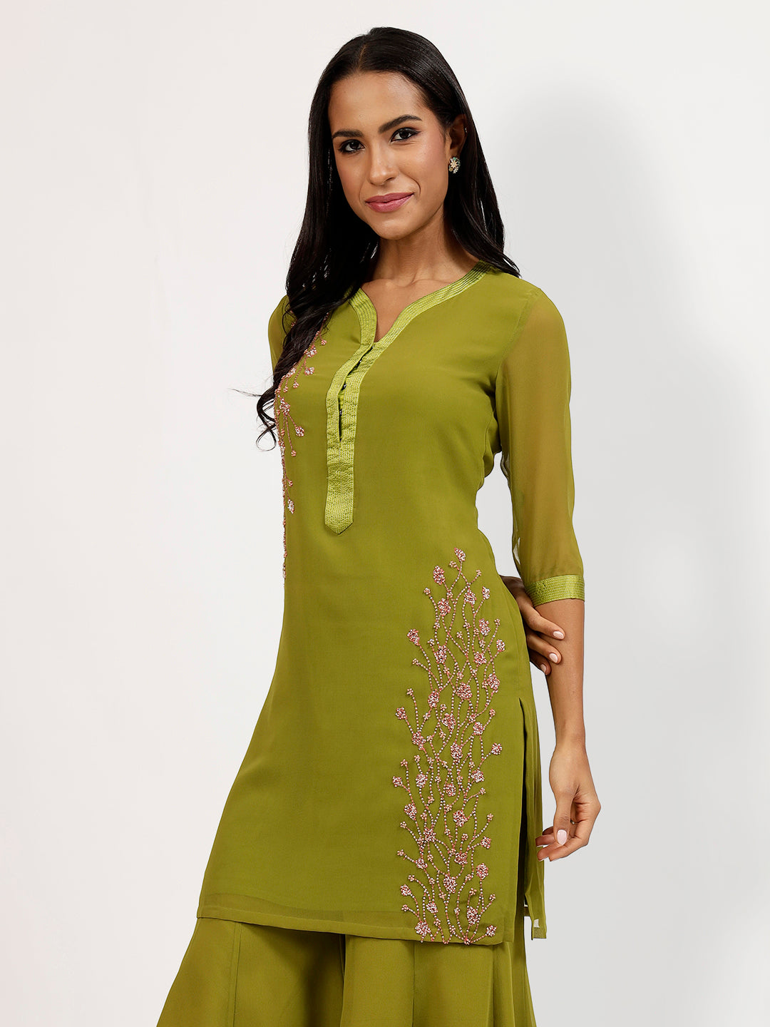 Olive Georgette Kurti With Pearl Hand Embroidery
