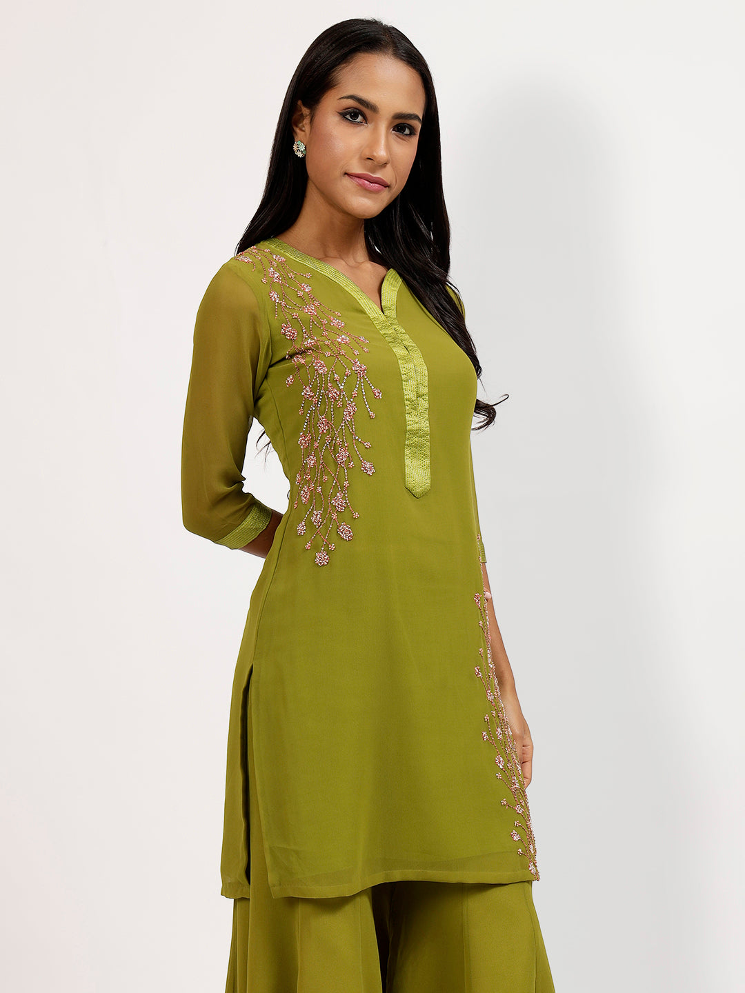 Olive Georgette Kurti With Pearl Hand Embroidery