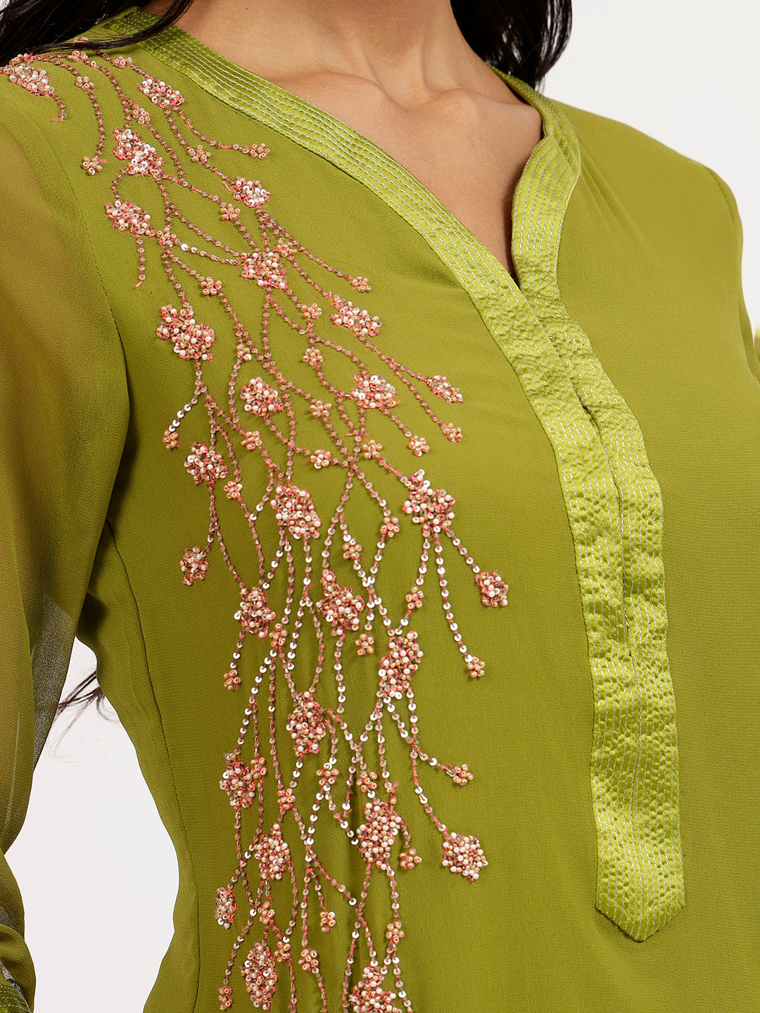 Olive Georgette Kurti With Pearl Hand Embroidery