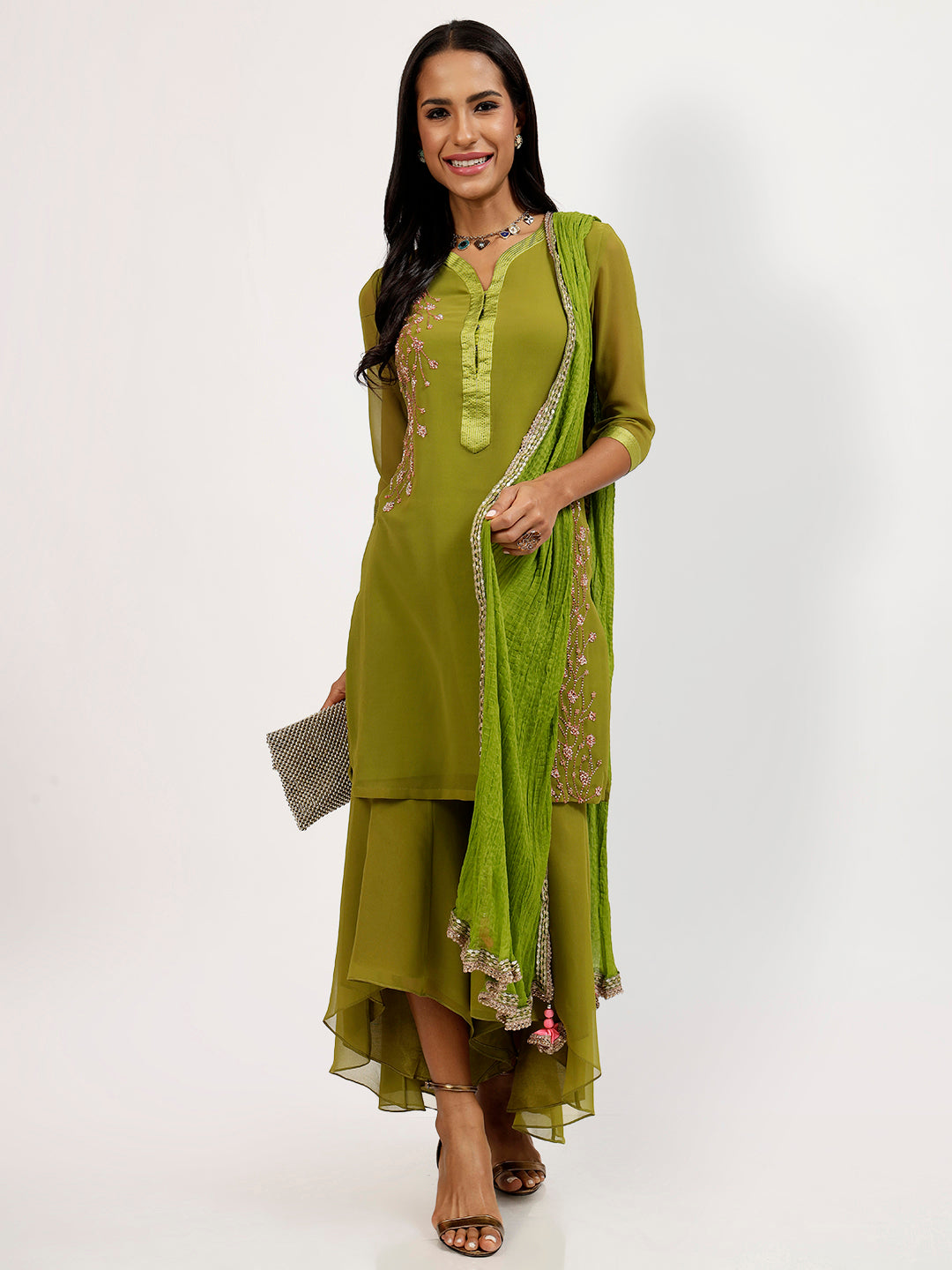 Olive Georgette Kurti With Pearl Hand Embroidery