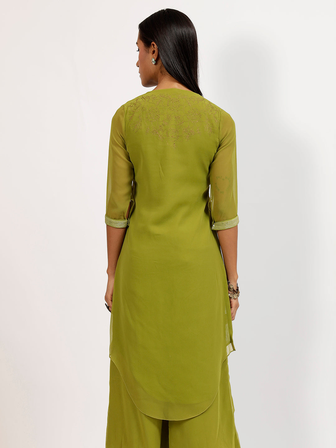 Olive Georgette Kurti With Flower Embroidery