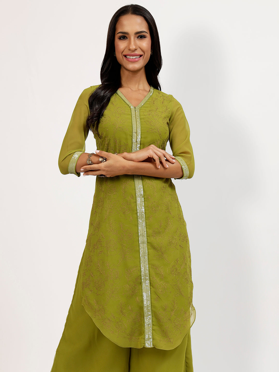 Olive Georgette Kurti With Flower Embroidery