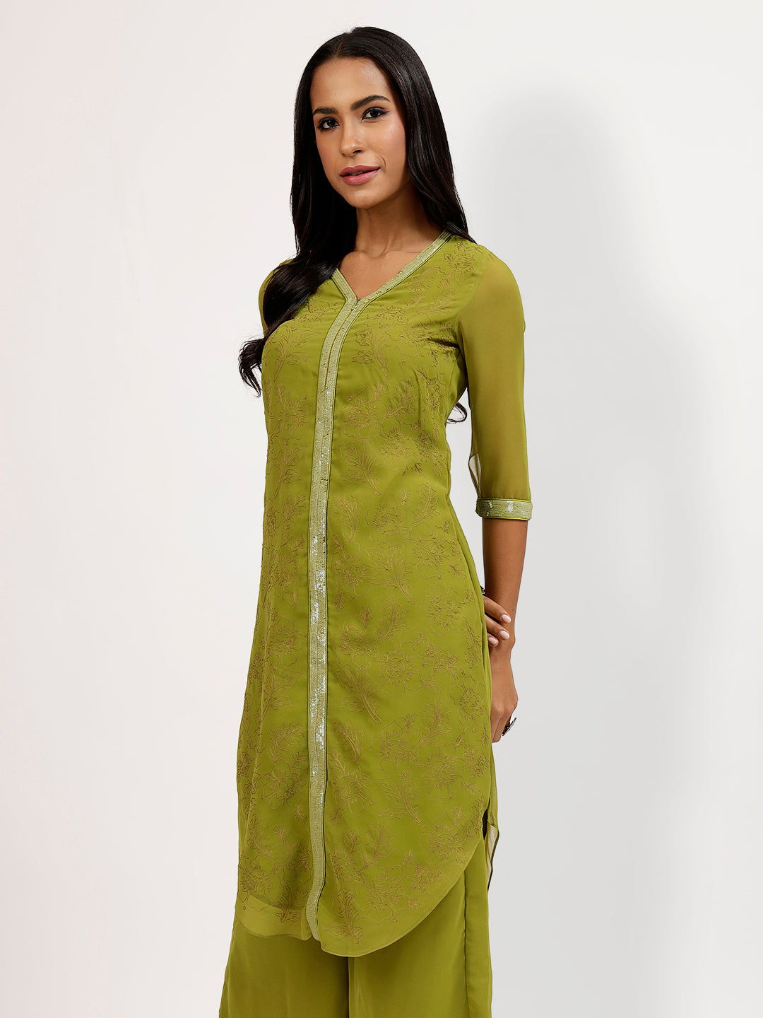 Olive Georgette Kurti With Flower Embroidery