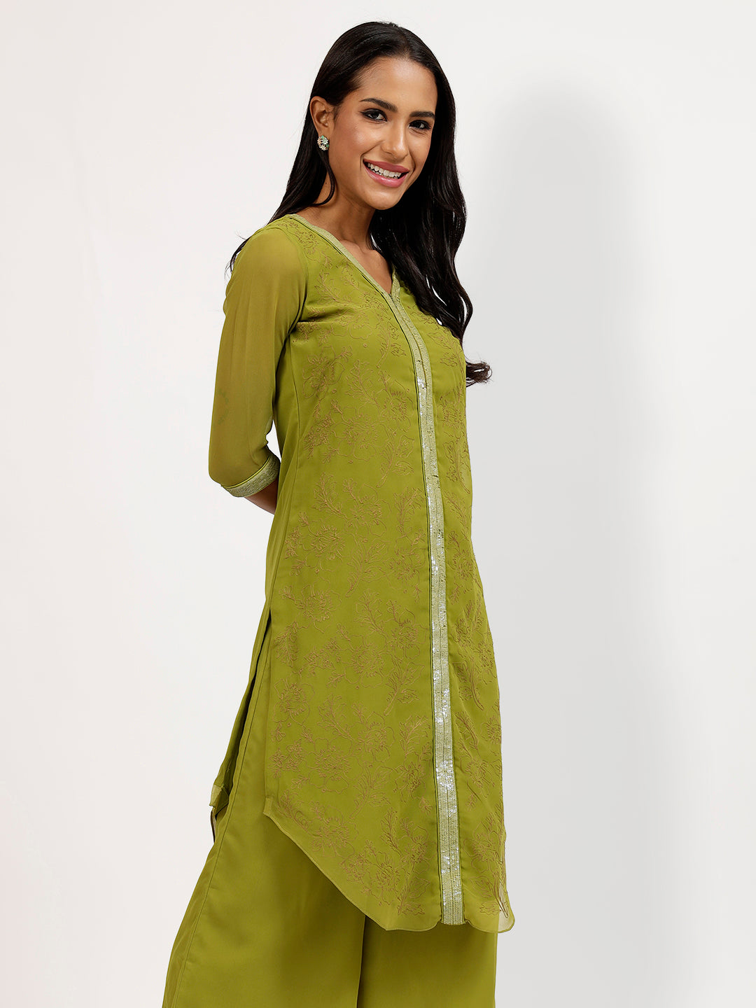 Olive Georgette Kurti With Flower Embroidery