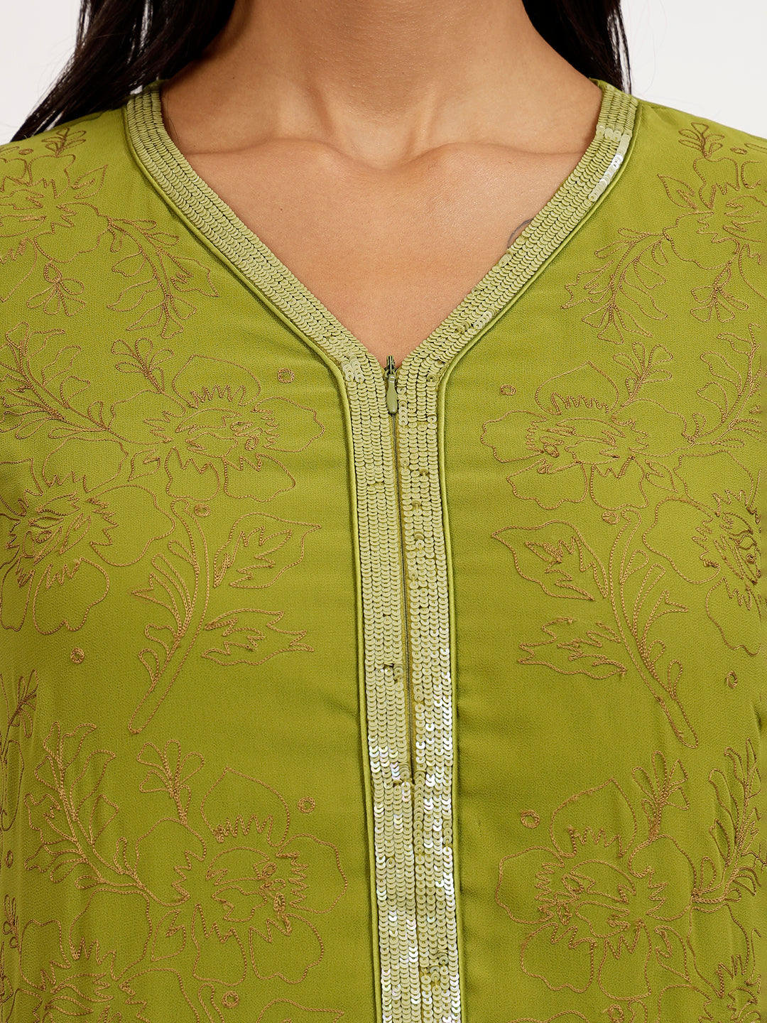 Olive Georgette Kurti With Flower Embroidery