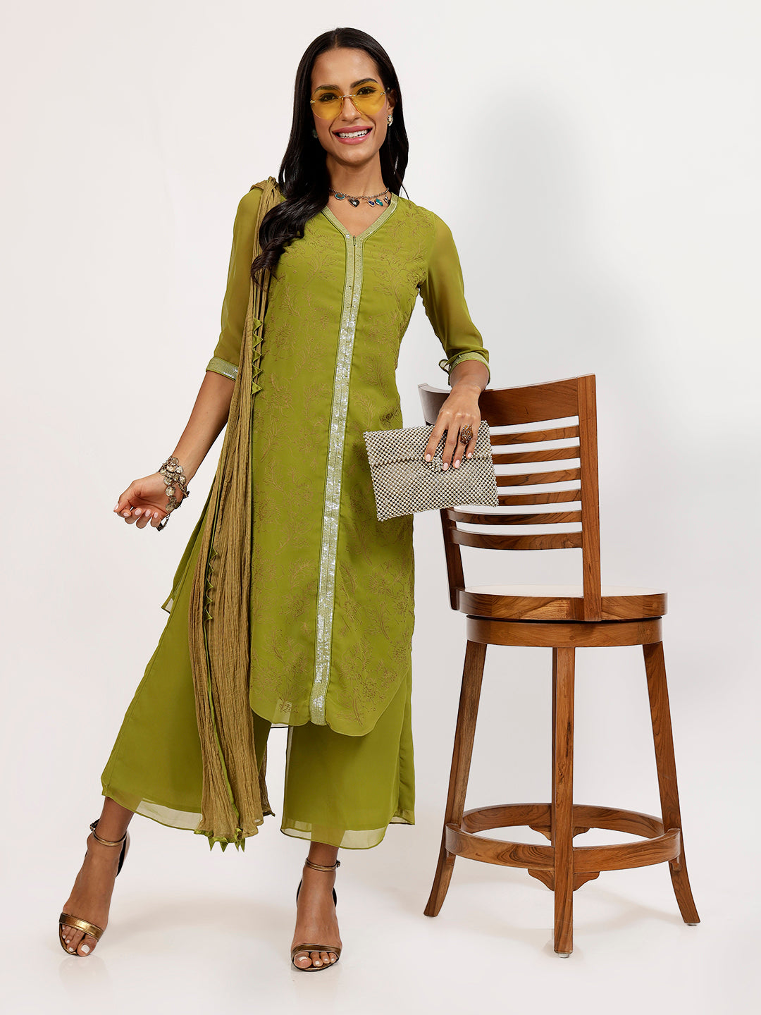 Olive Chiffon Duppatta With Satin Triangles