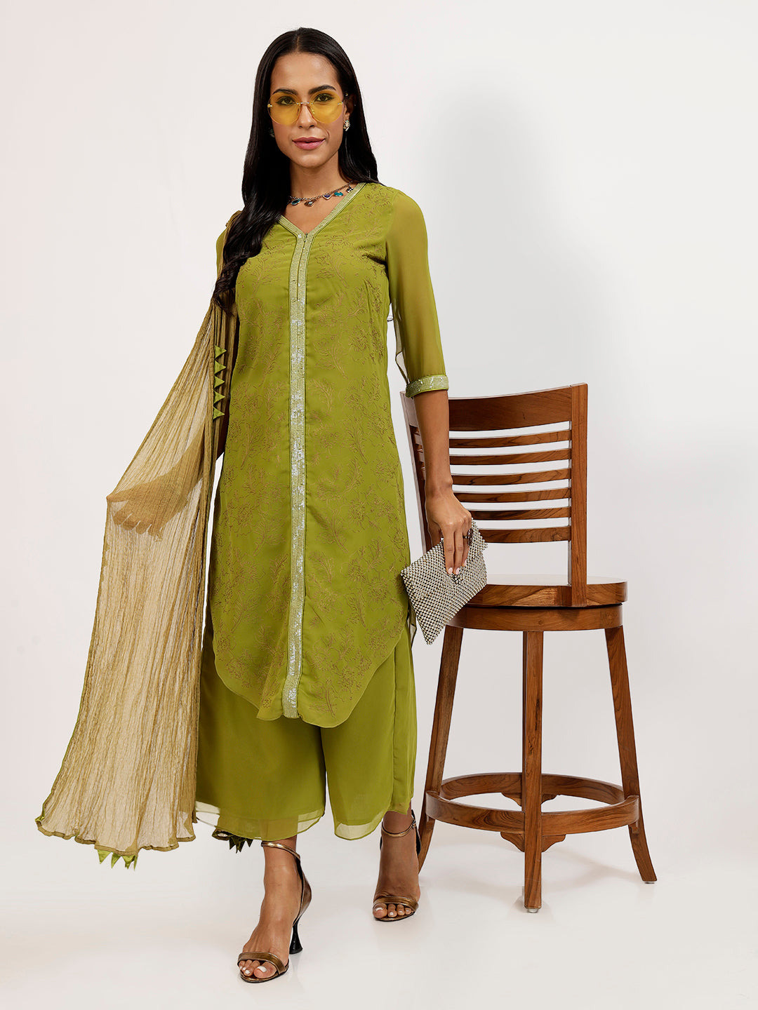 Olive Chiffon Duppatta With Satin Triangles