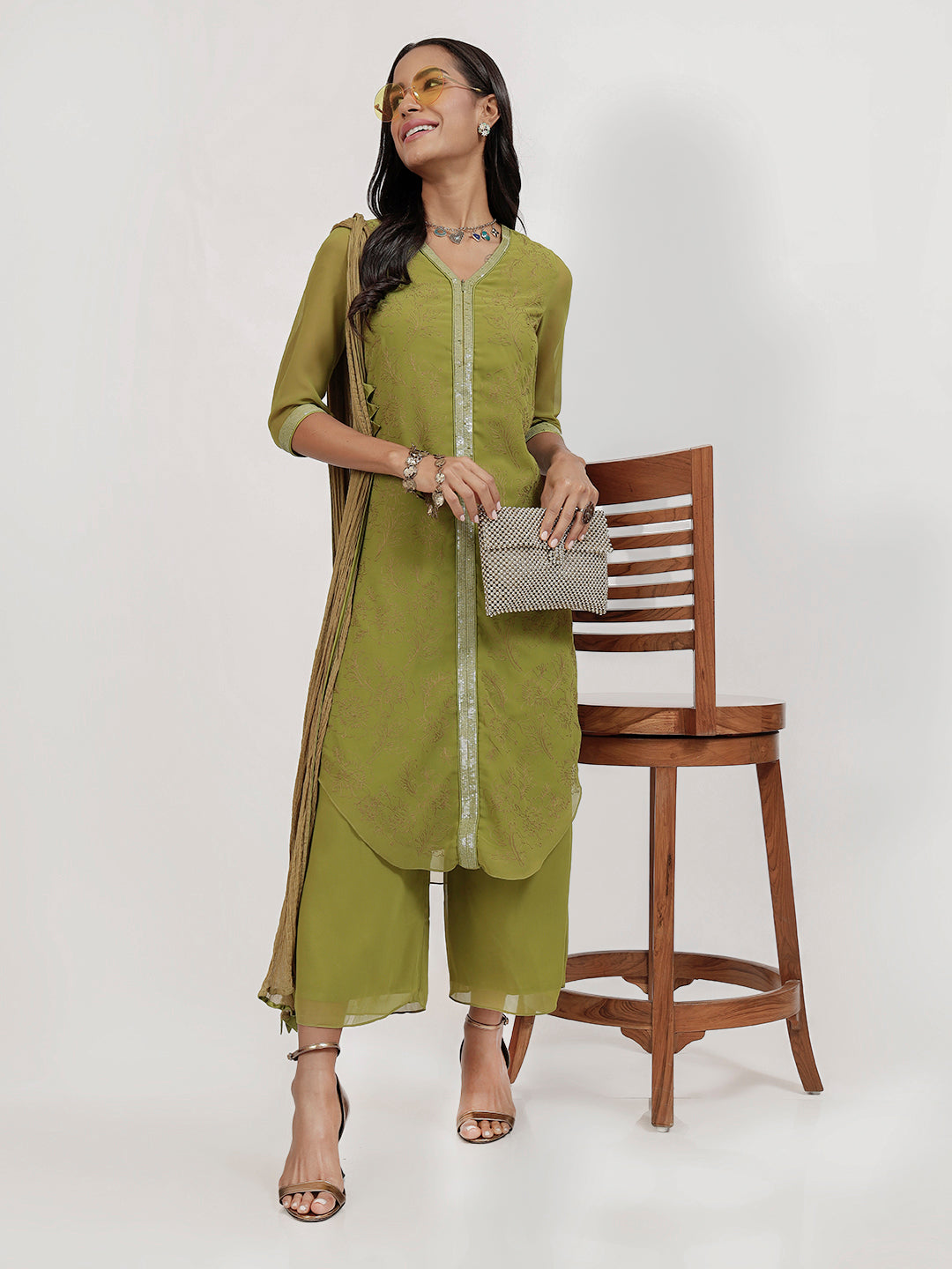 Olive Georgette Kurti With Flower Embroidery