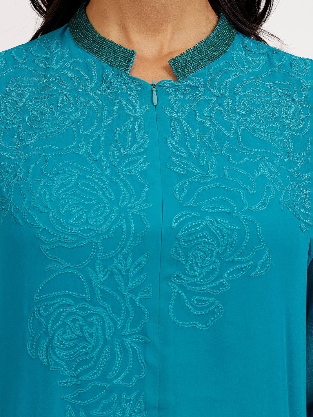 Turq Georgette Tunic With Rose Embroidery At The Neck