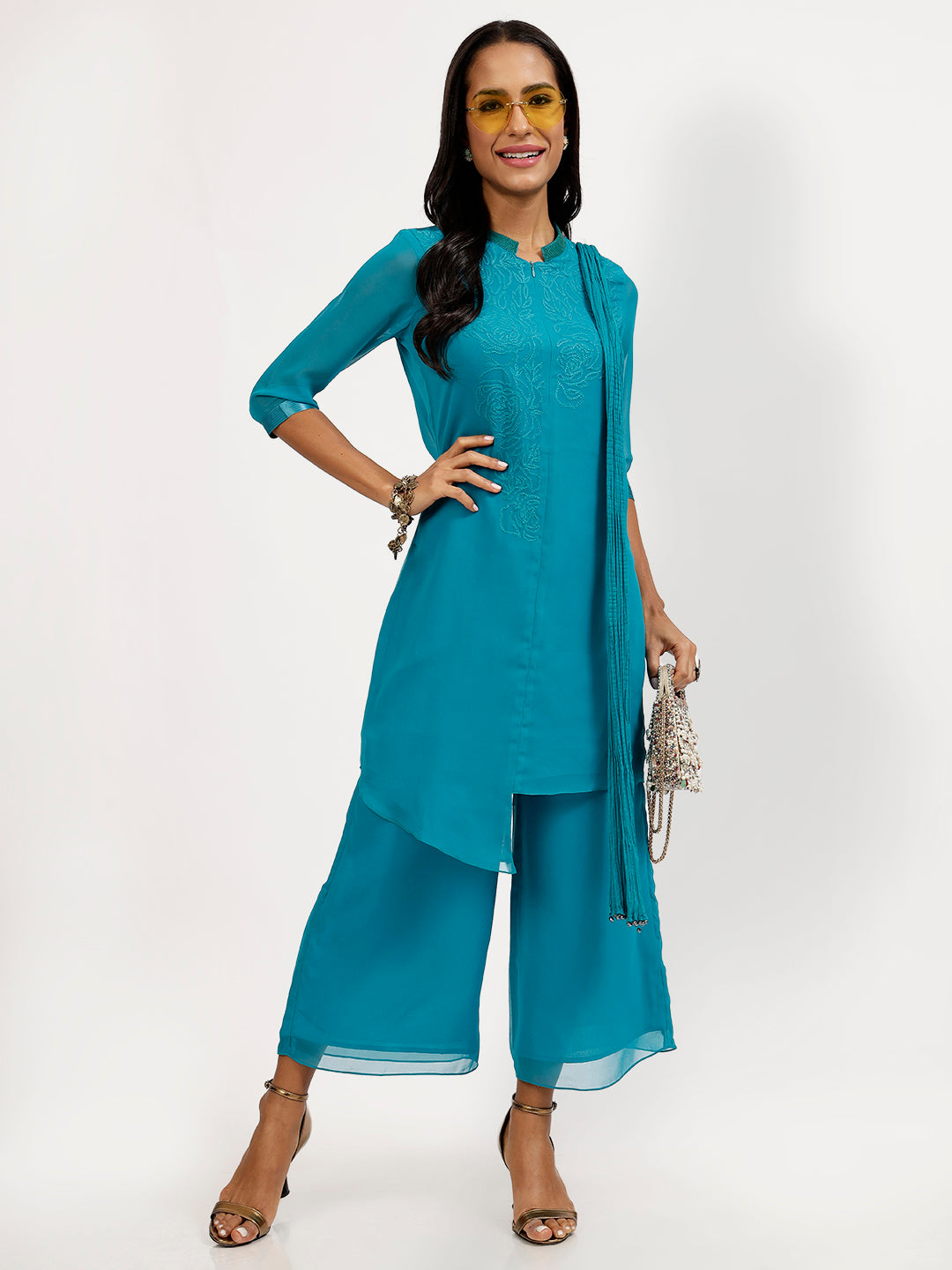 Turq Georgette Tunic With Rose Embroidery At The Neck
