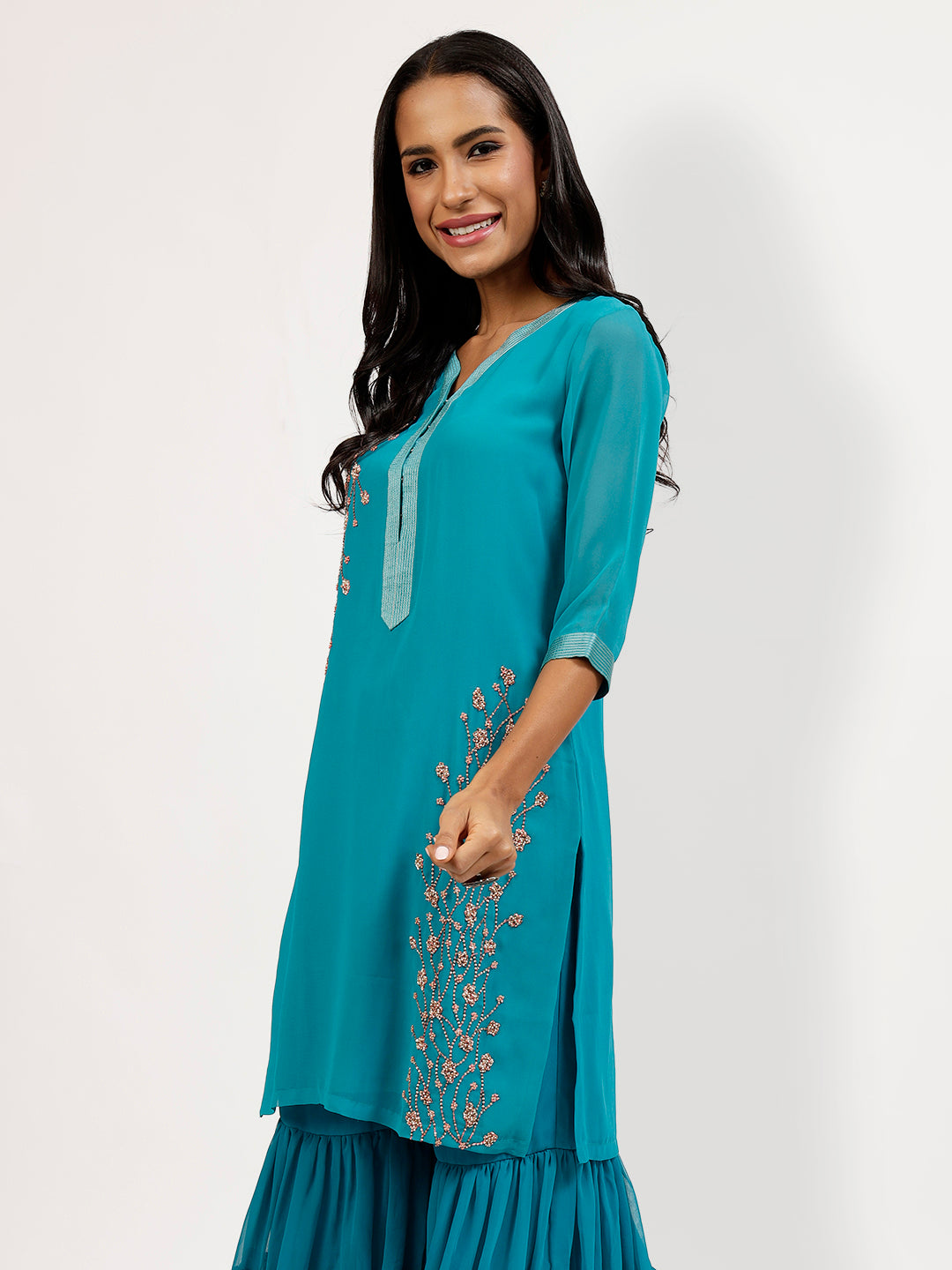 Turquoise Georgette Kurti With Bird Embroidery