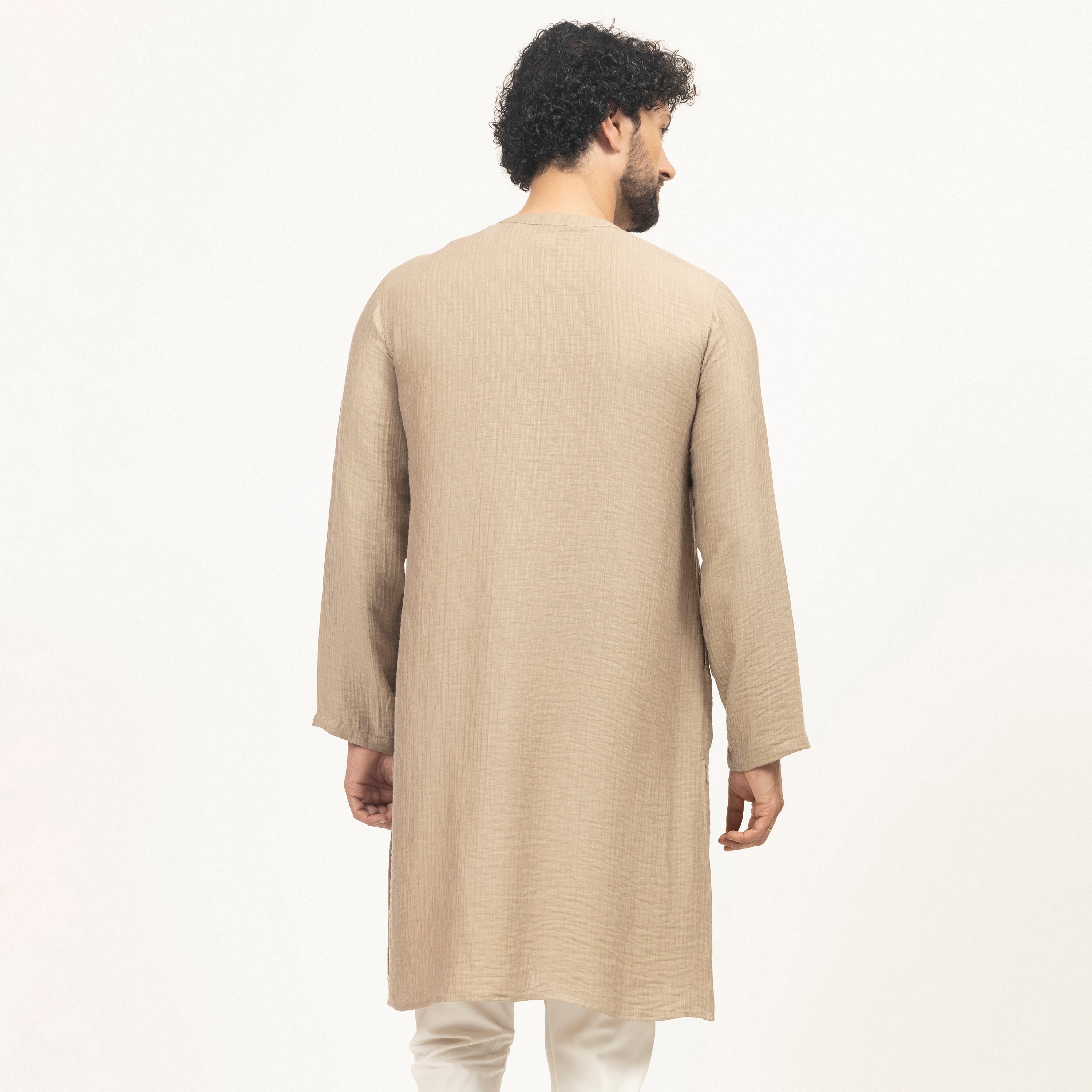 Beige Double Gauze Kurta With Dragonfly Embroidery