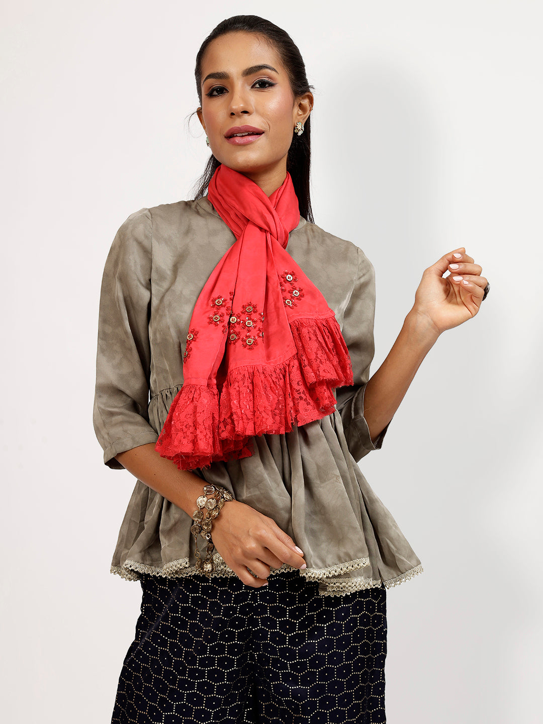 Red Tie & Dye Stole with Floral Net -1