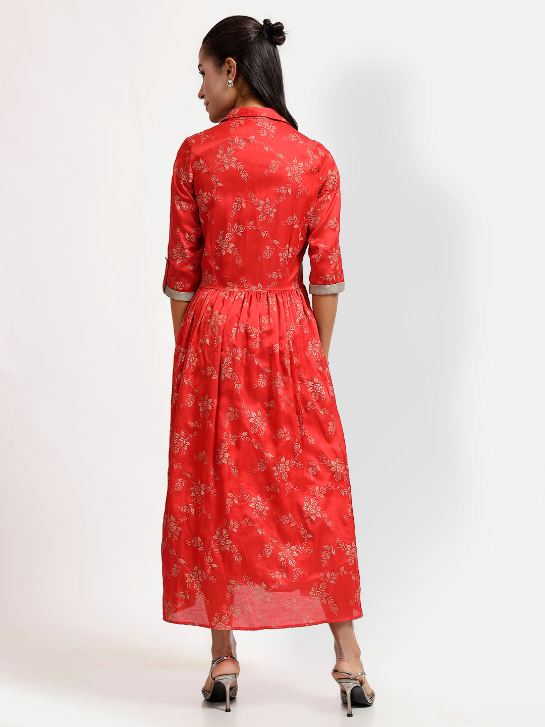 Red Foil Tunic With Grey Panels At Side
