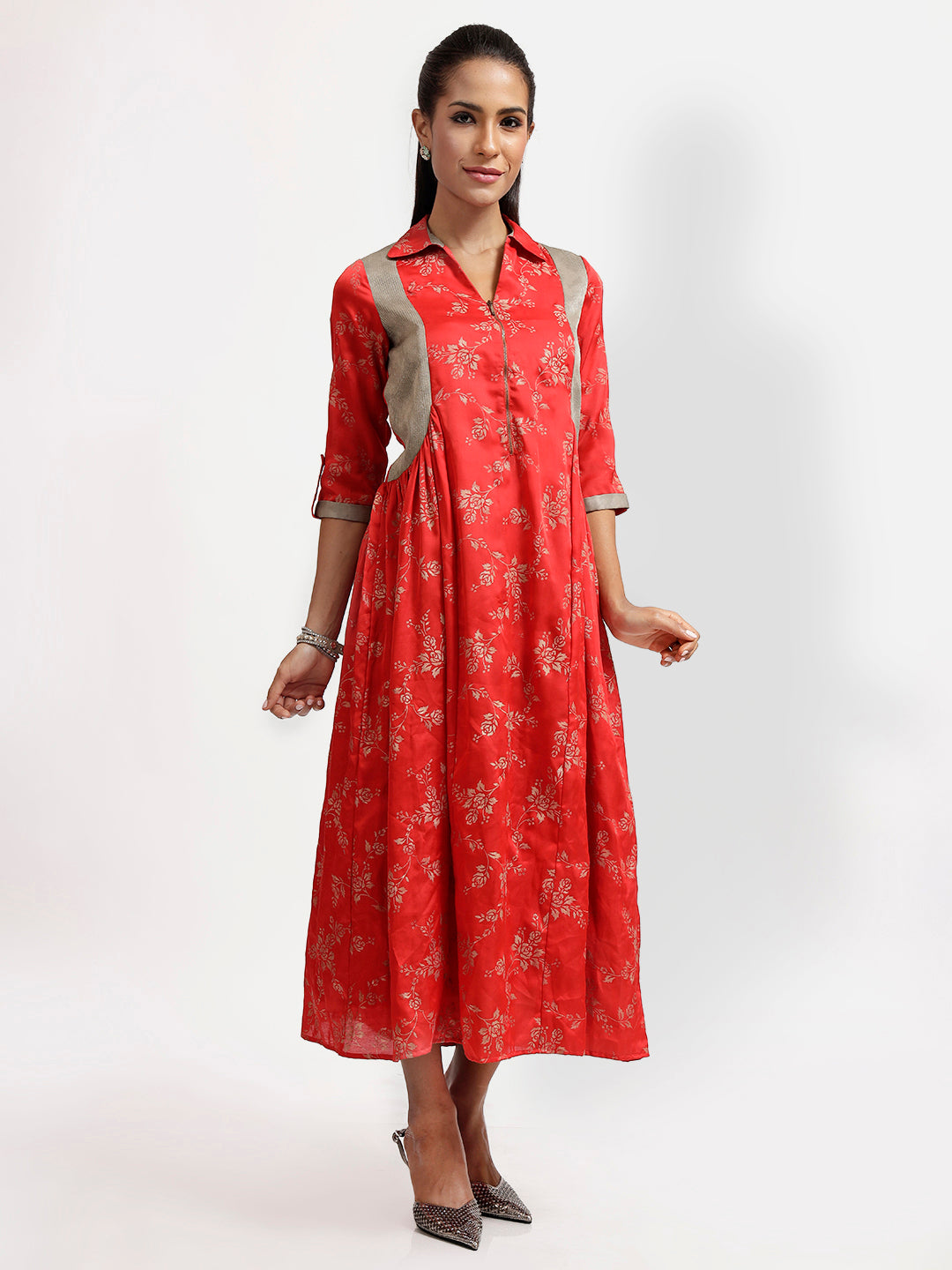 Red Foil Tunic With Grey Panels At Side
