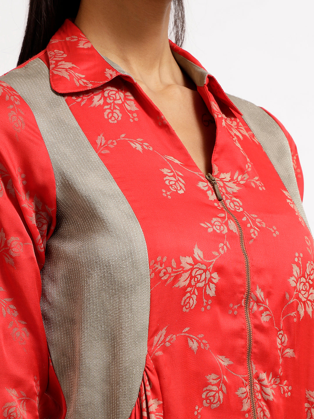 Red Foil Tunic With Grey Panels At Side