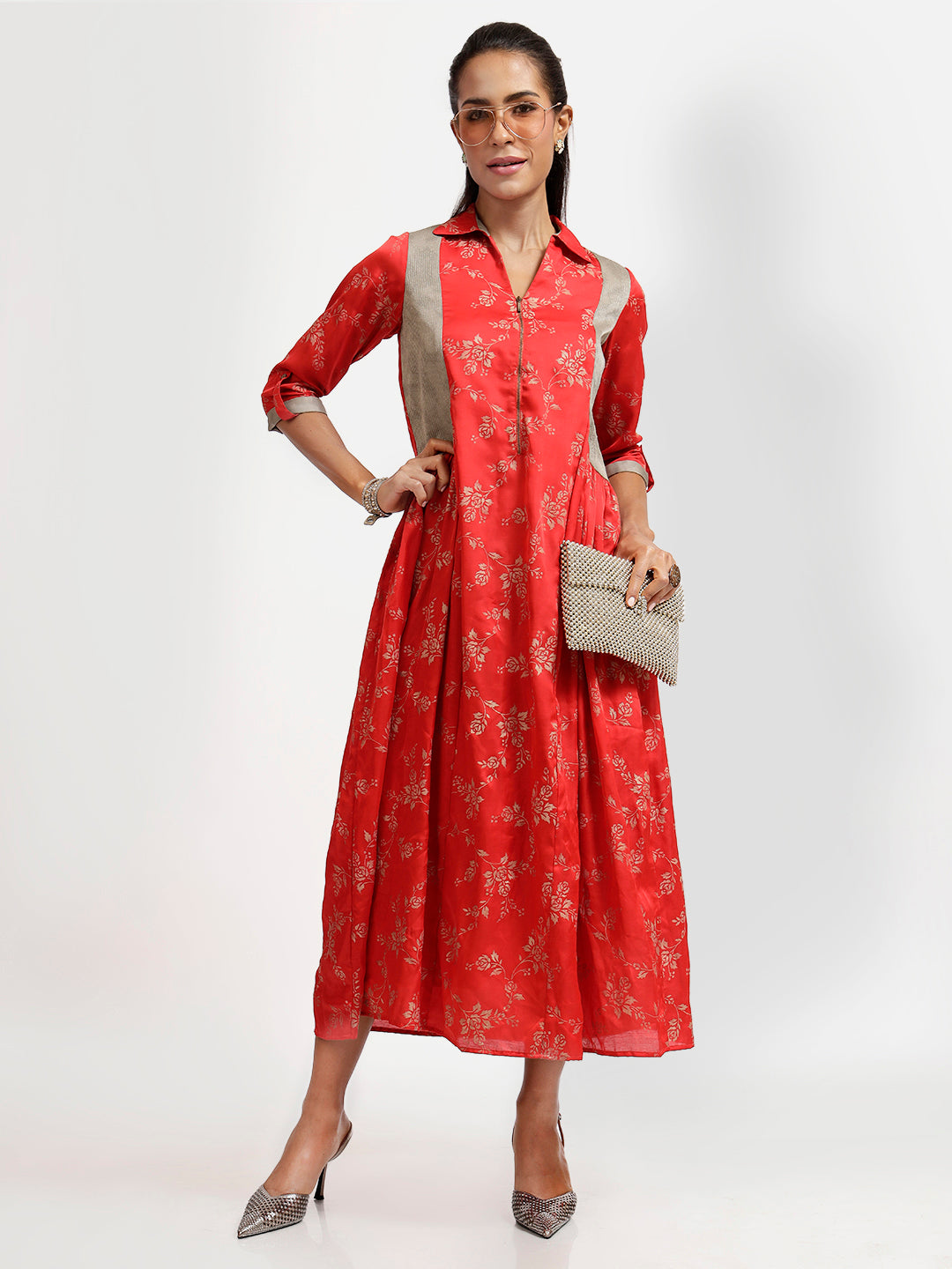 Red Foil Tunic With Grey Panels At Side