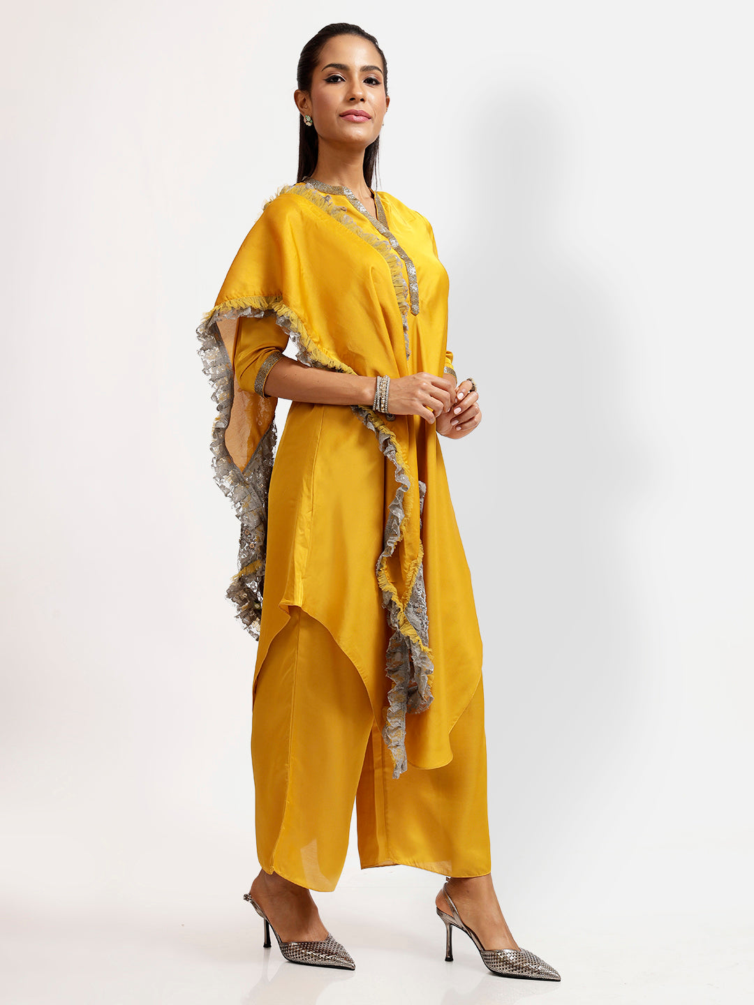 Yellow Stole with Grey Floral Net-1