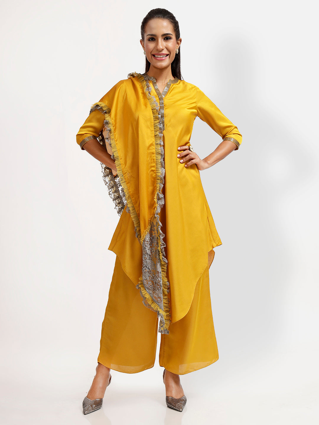 Yellow Stole with Grey Floral Net-2