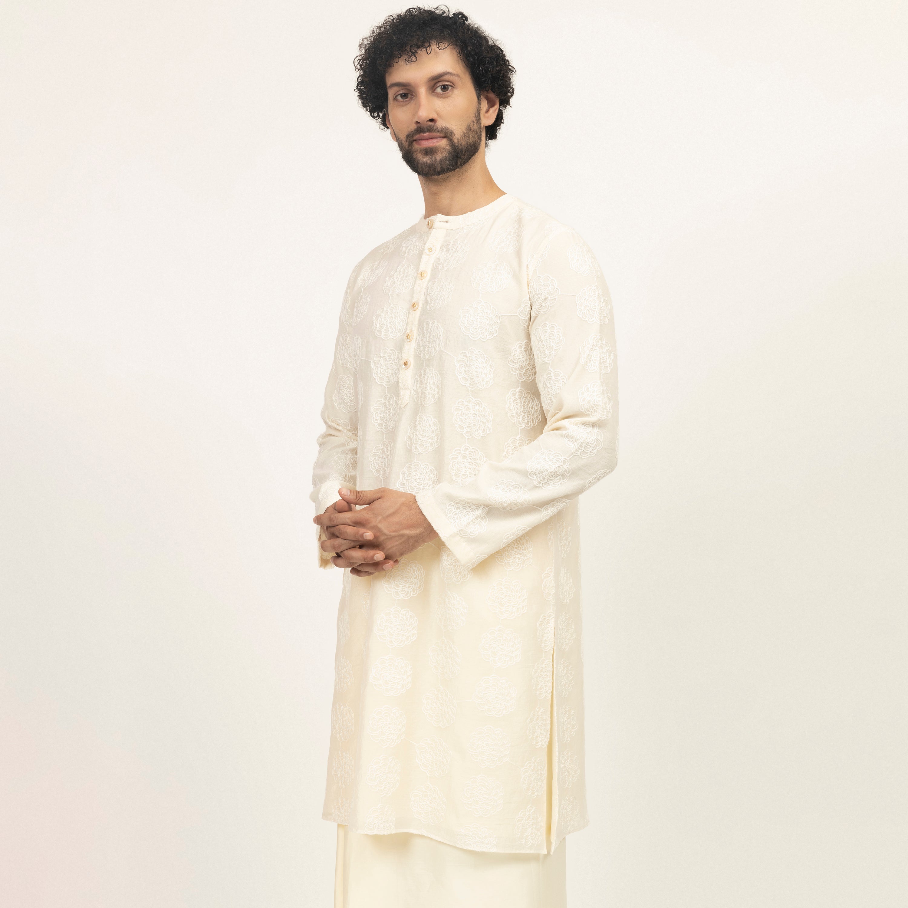 Off White Silk Kurta With Floral Embroidery