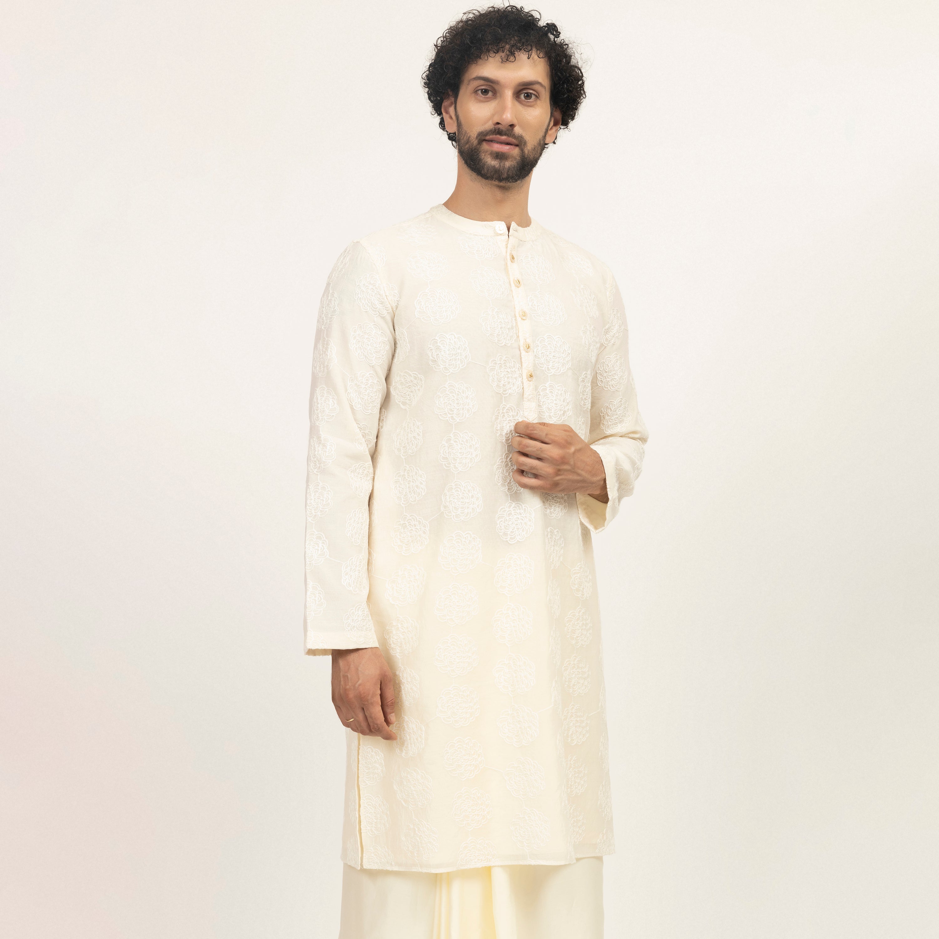 Off White Silk Kurta With Floral Embroidery