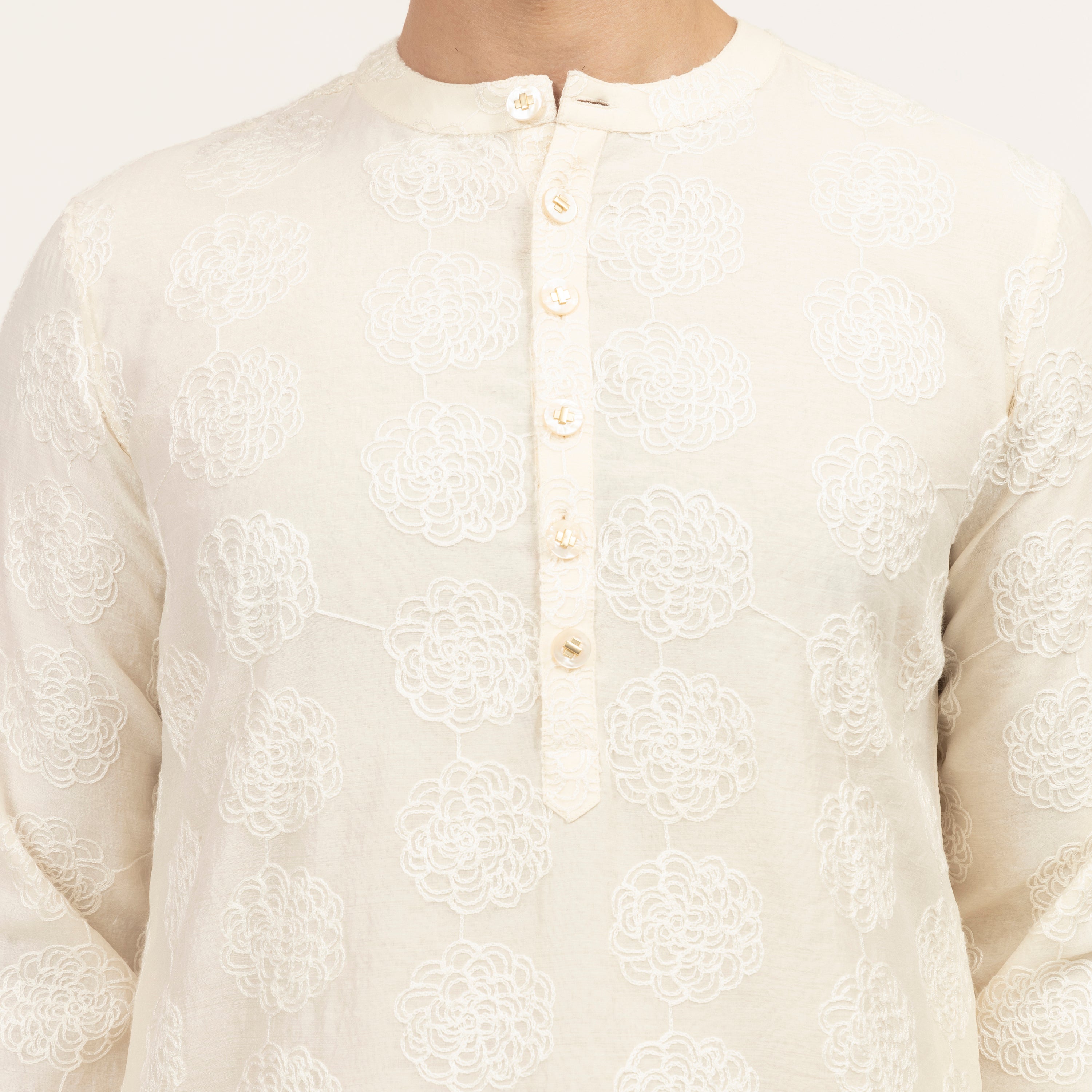 Off White Silk Kurta With Floral Embroidery