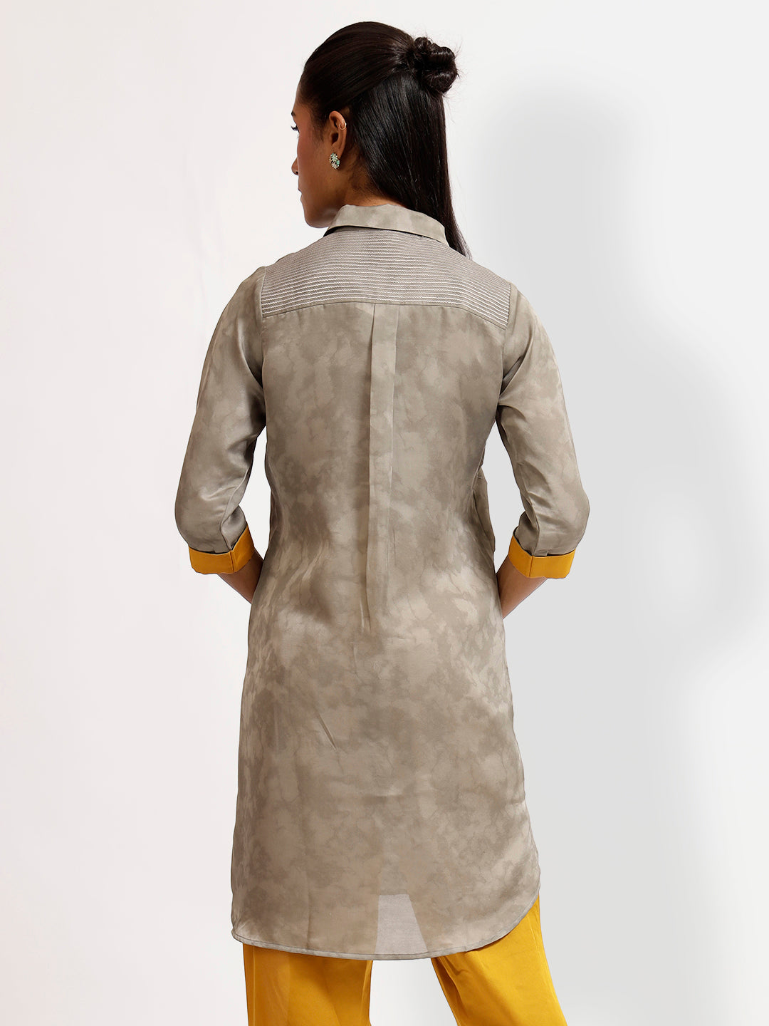 Grey Patch Work Kurti With Sequins Placket