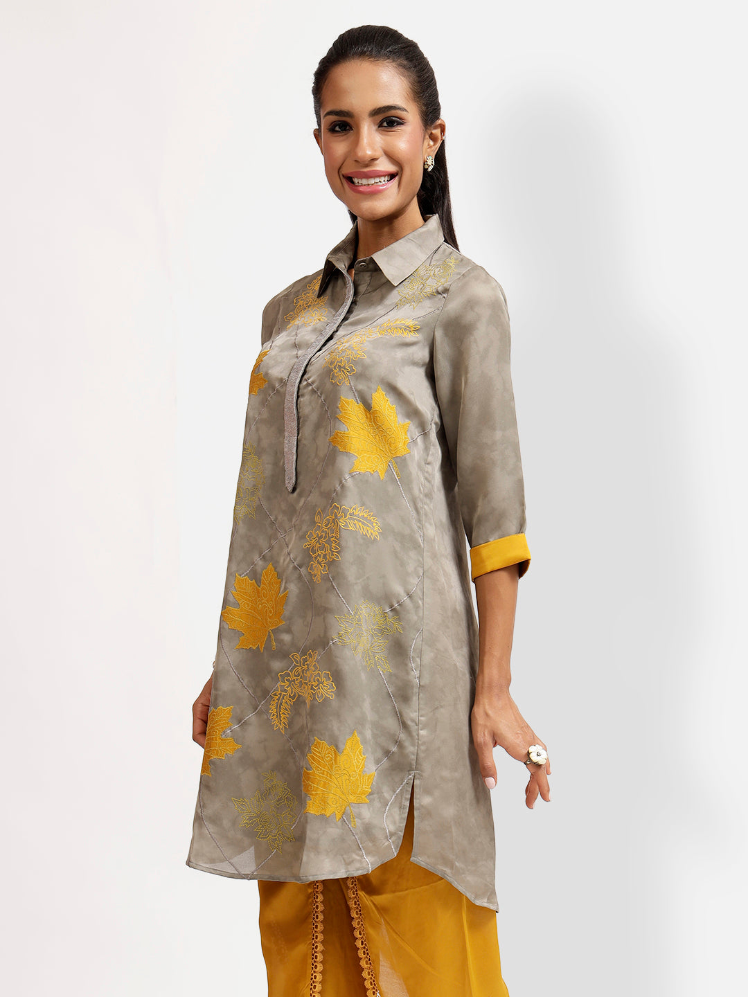 Grey Patch Work Kurti With Sequins Placket