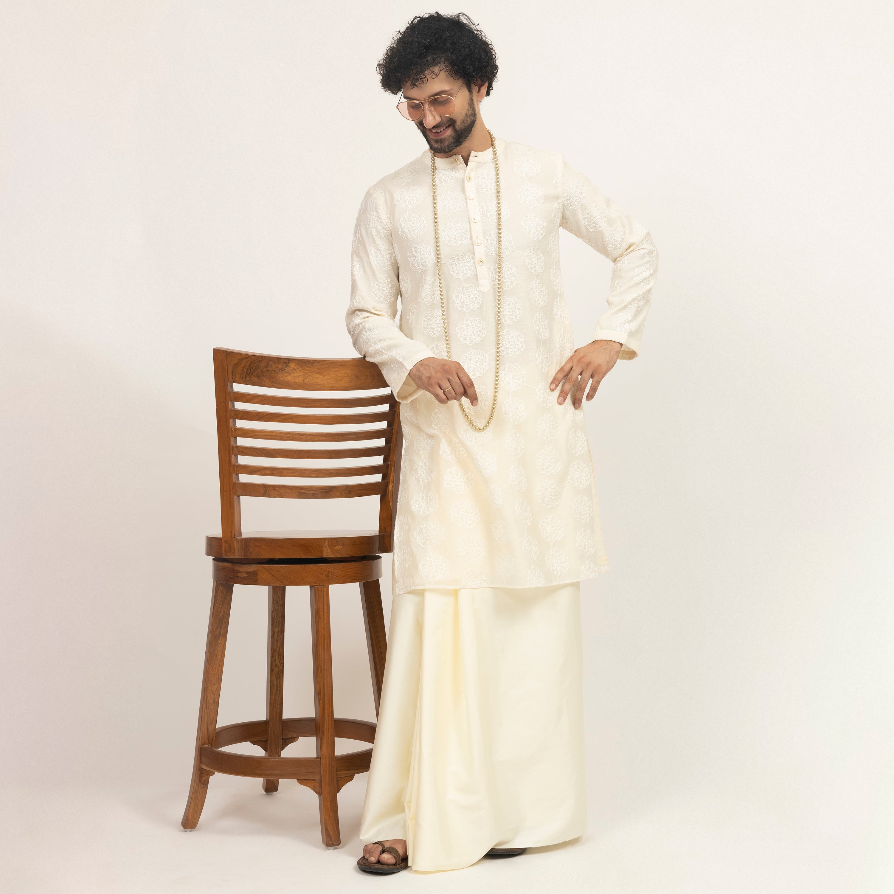 Off White Pre Pleated Wrap Dhoti for Men-5