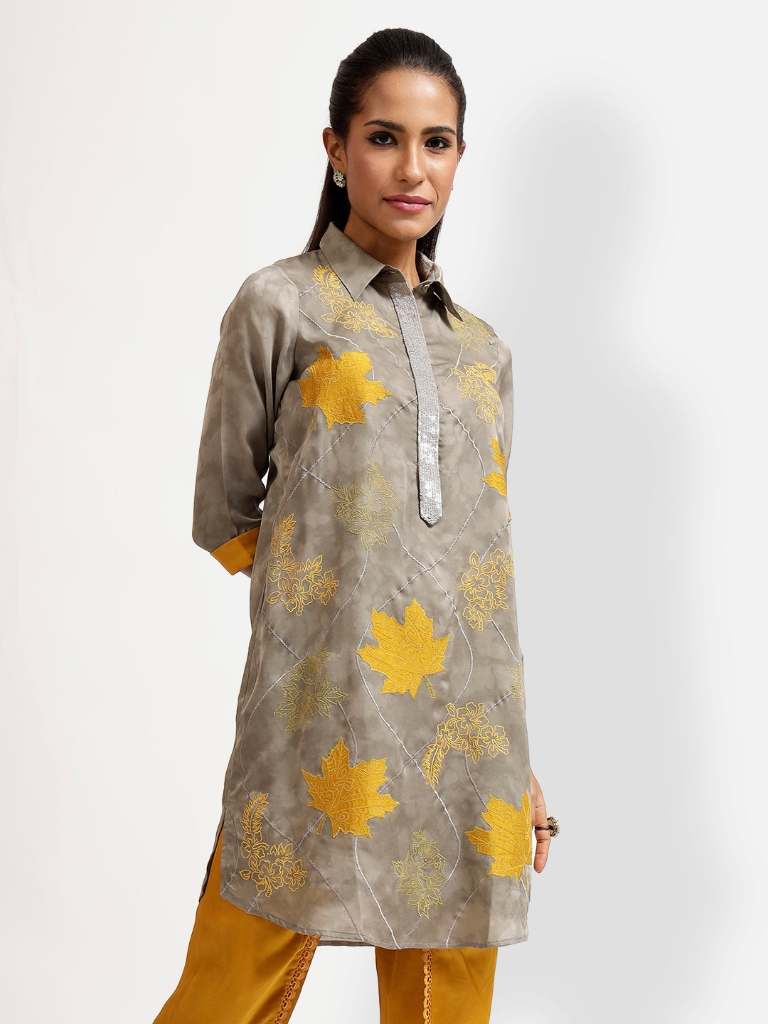 Grey Patch Work Kurti With Sequins Placket